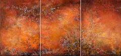 "Fire" abstract acrylic canvas linen triptych 70x150cm send wood crate red
