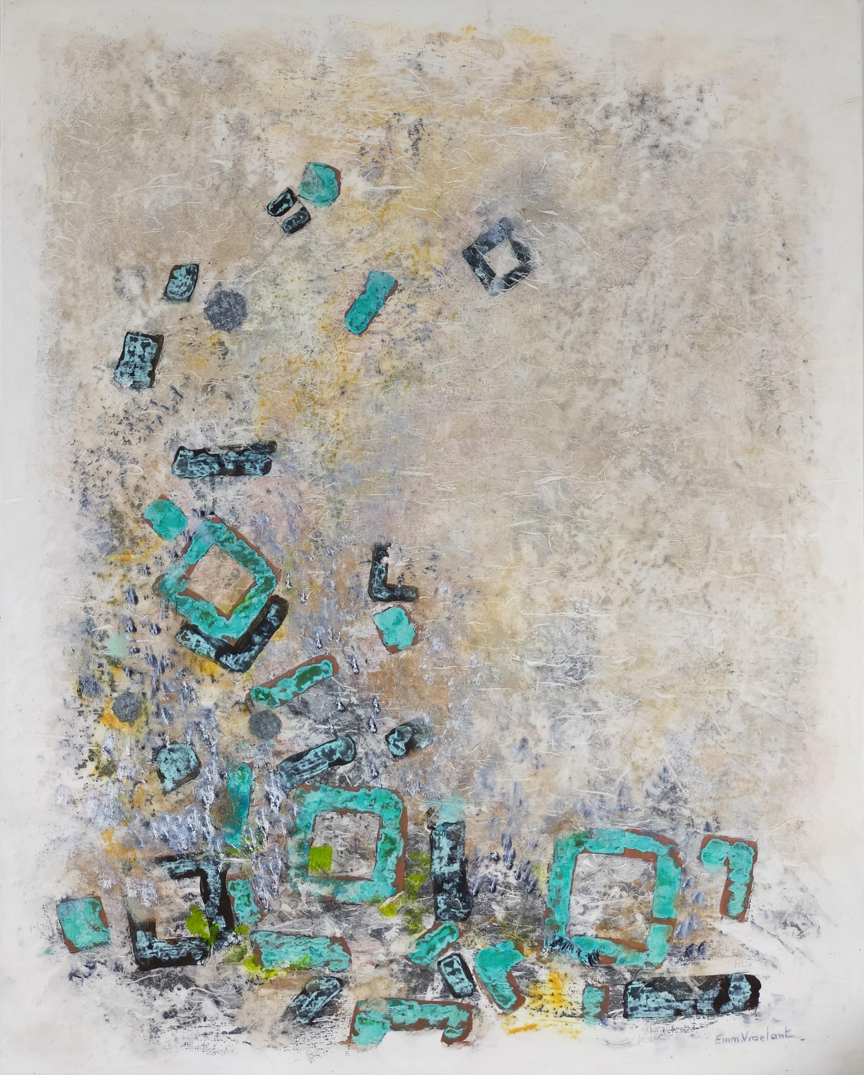 Emmanuelle Vroelant Abstract Painting – ""Vergessen""  Abstraktes Acryl, Marmor, Porzellanpapier, 81x65 cm auf Leinen-Leinwand 