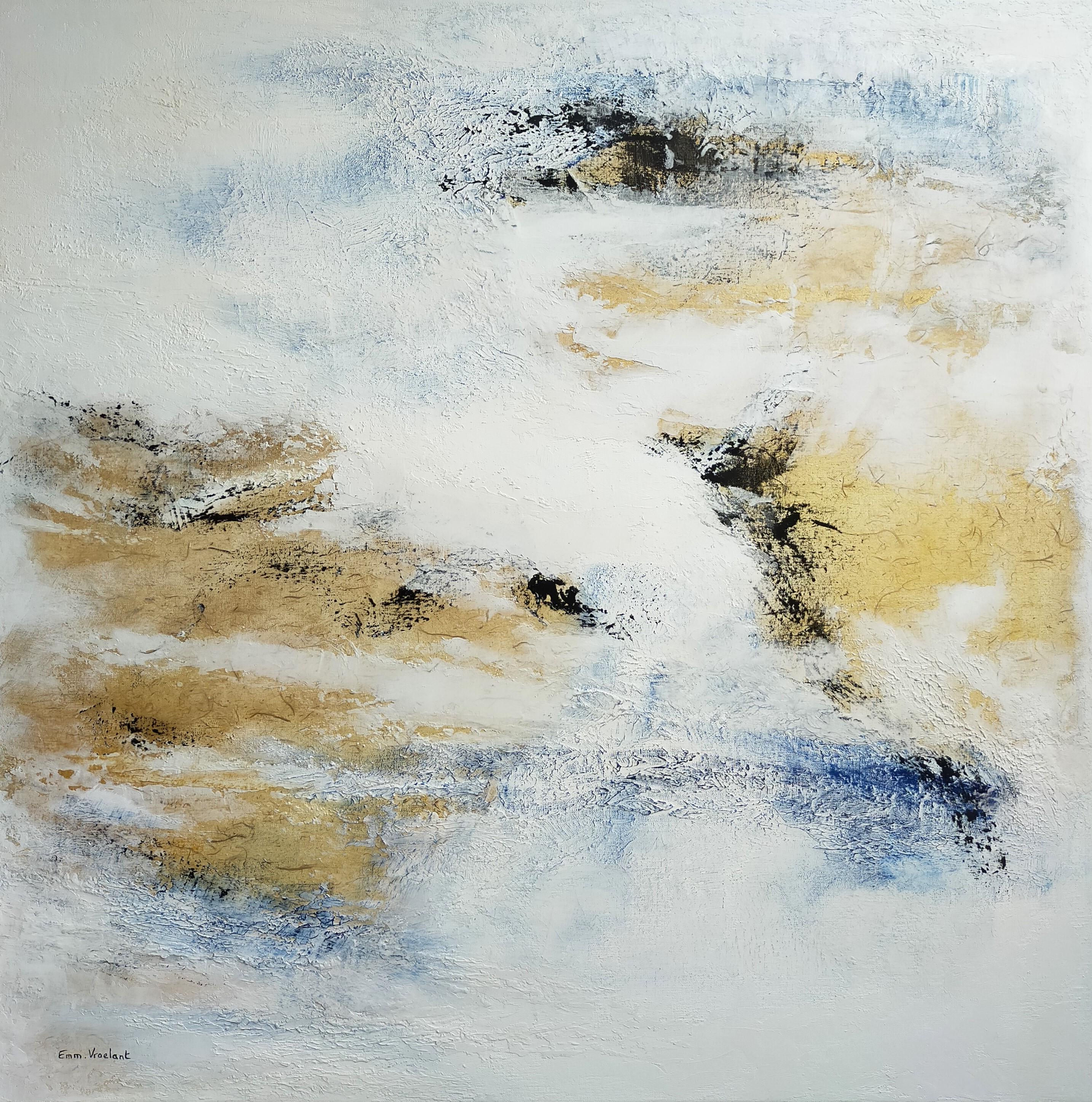 Emmanuelle Vroelant Abstract Painting - "in the open air" abstract acrylique, collage, marble on linen canvas 100x100cm