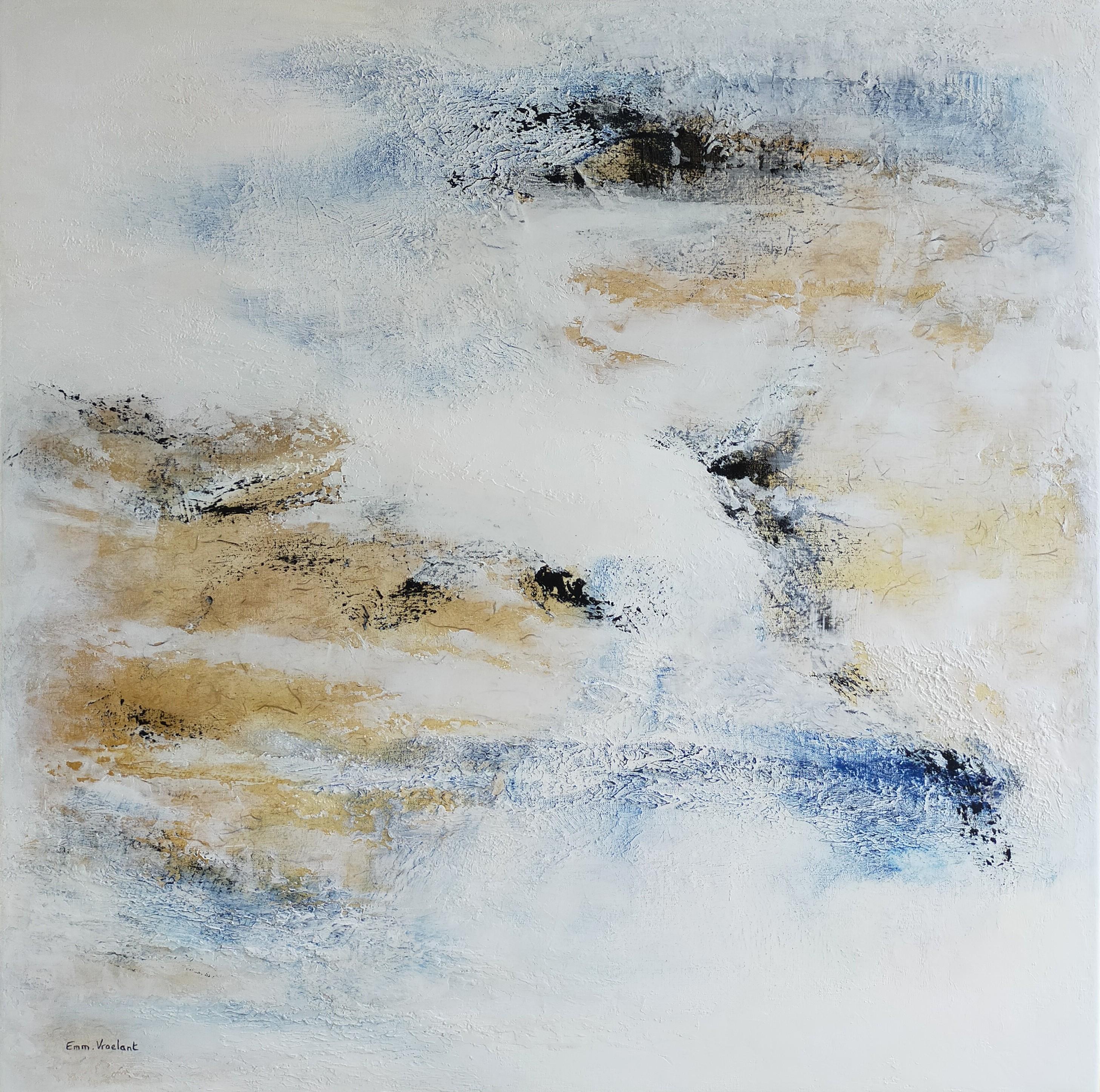 acrylique abstraite « en plein air », collage, marbre sur toile de lin 100 x 100 cm
