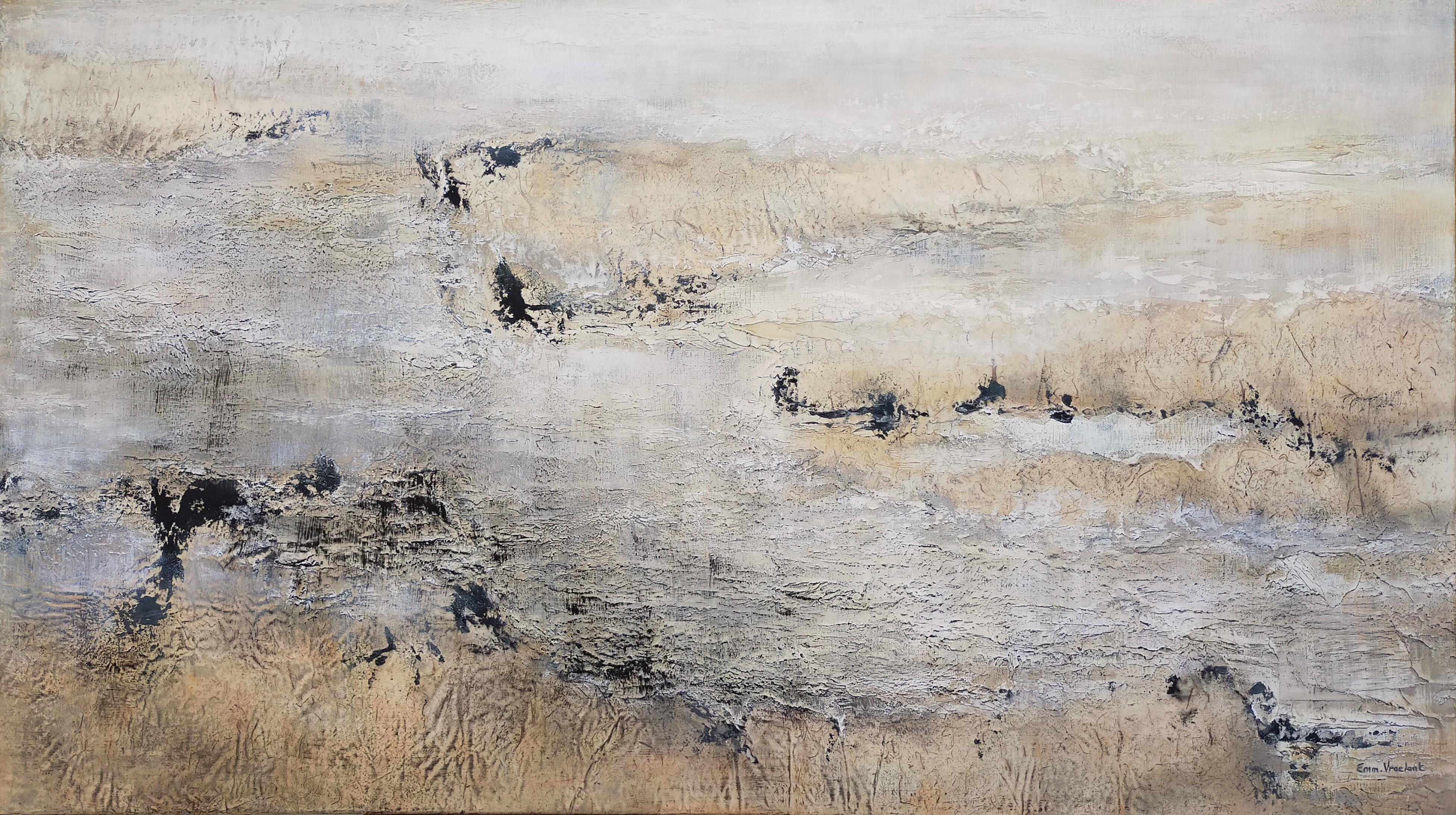 Emmanuelle Vroelant Abstract Painting - "January on the foreshore"  abstract acrylic , marble, sand, 140x80cm.
