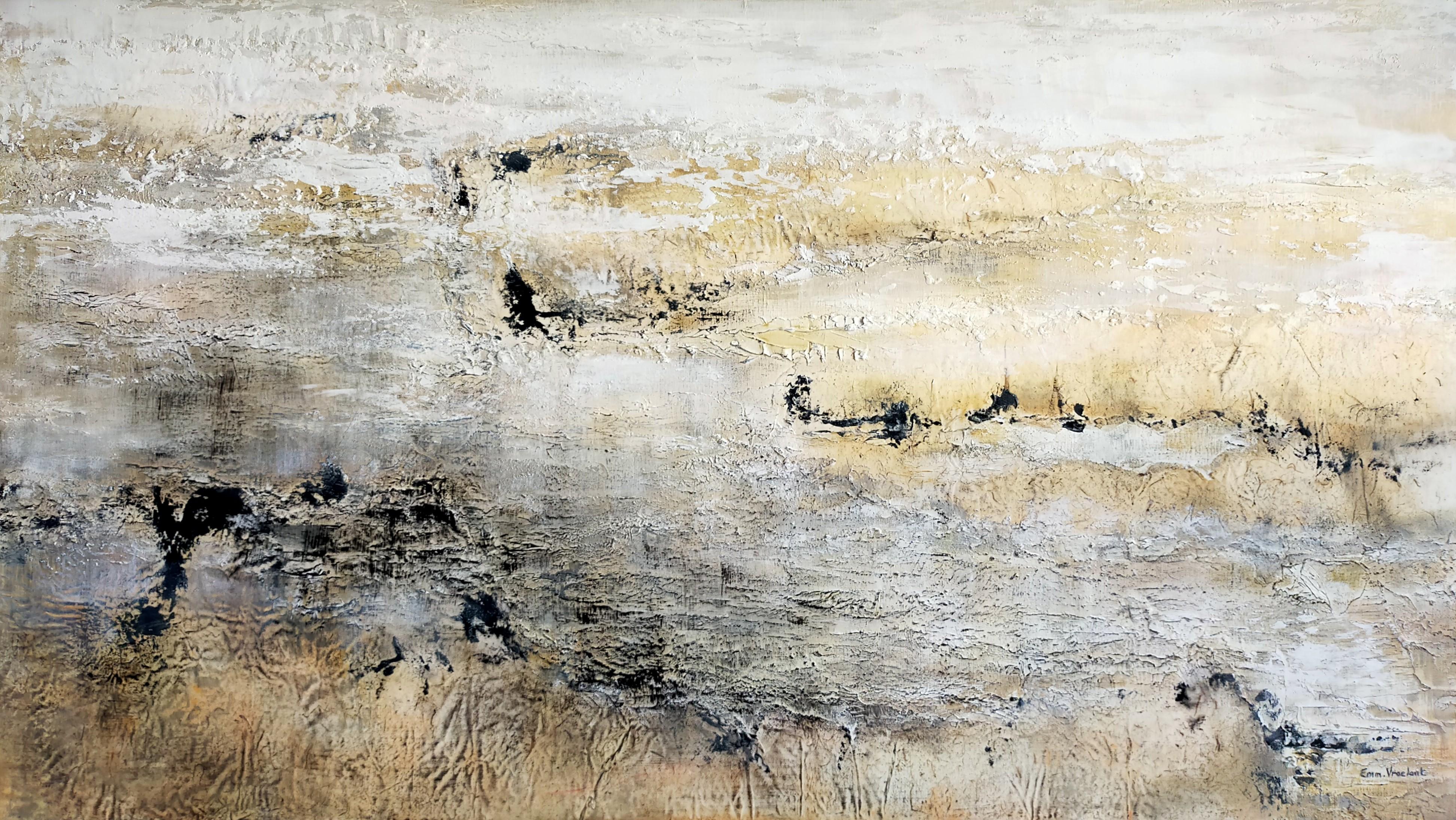 Emmanuelle Vroelant Abstract Painting - "January on the foreshore"  abstract acrylic , marble, sand, 140x80cm.