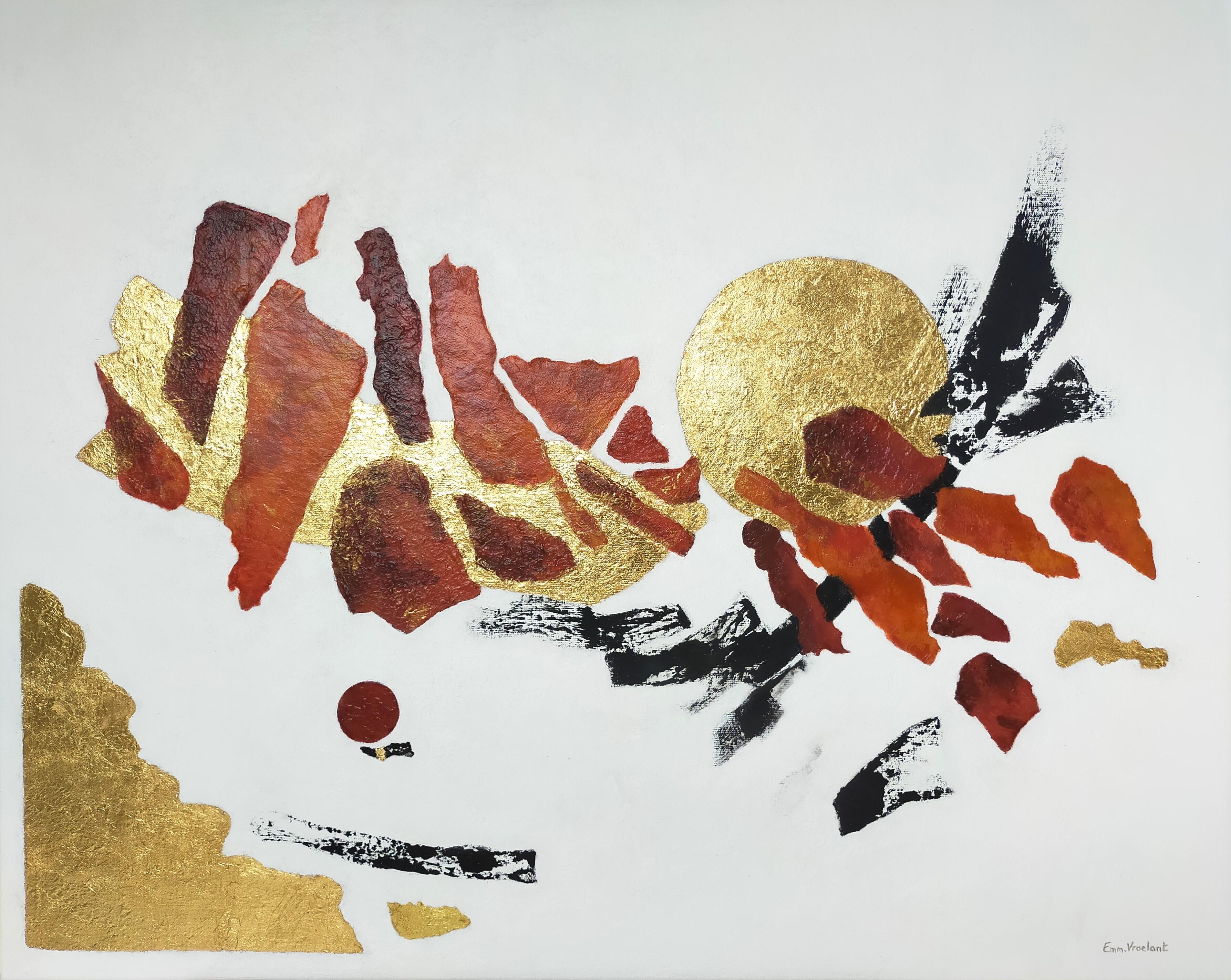 "Kimono" abstraktes Acryl, goldene Collage Marmor, auf Leinen 80x100cm – Painting von Emmanuelle Vroelant