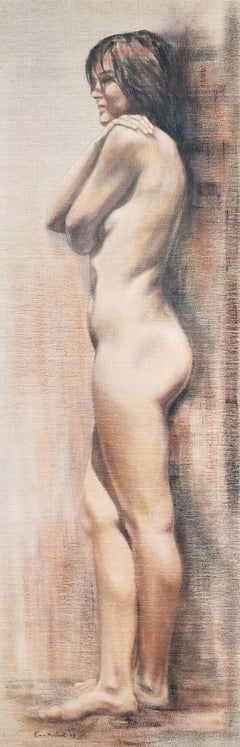 "Shy" nude painting acrylic  on linen canvas 30x90cm 2010