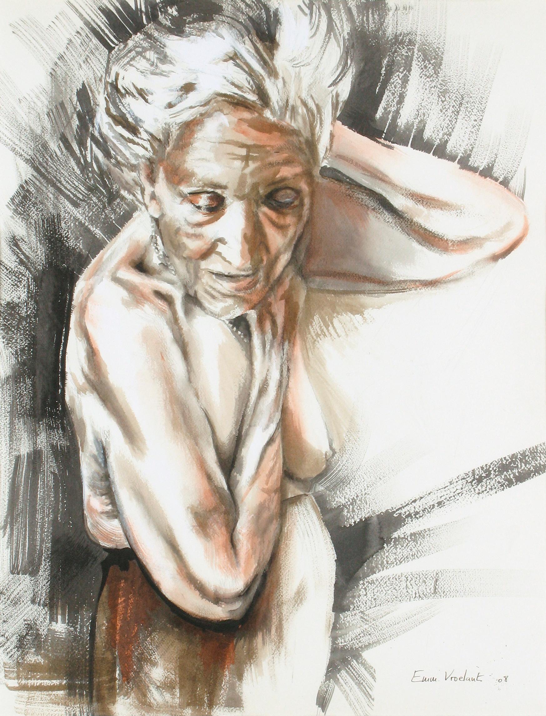 Emmanuelle Vroelant Nude Painting - "Great old age" nude portrait china ink 50x65cm on paper oak  frame 2008