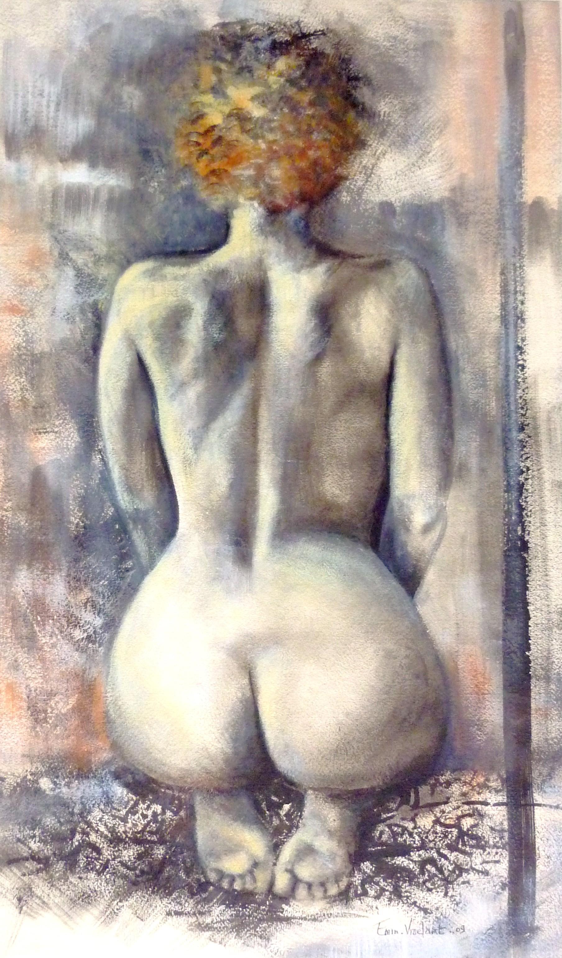 Emmanuelle Vroelant Nude Painting - "On house arrest" nude painting china ink  on canson paper framed 92x72cm 2009