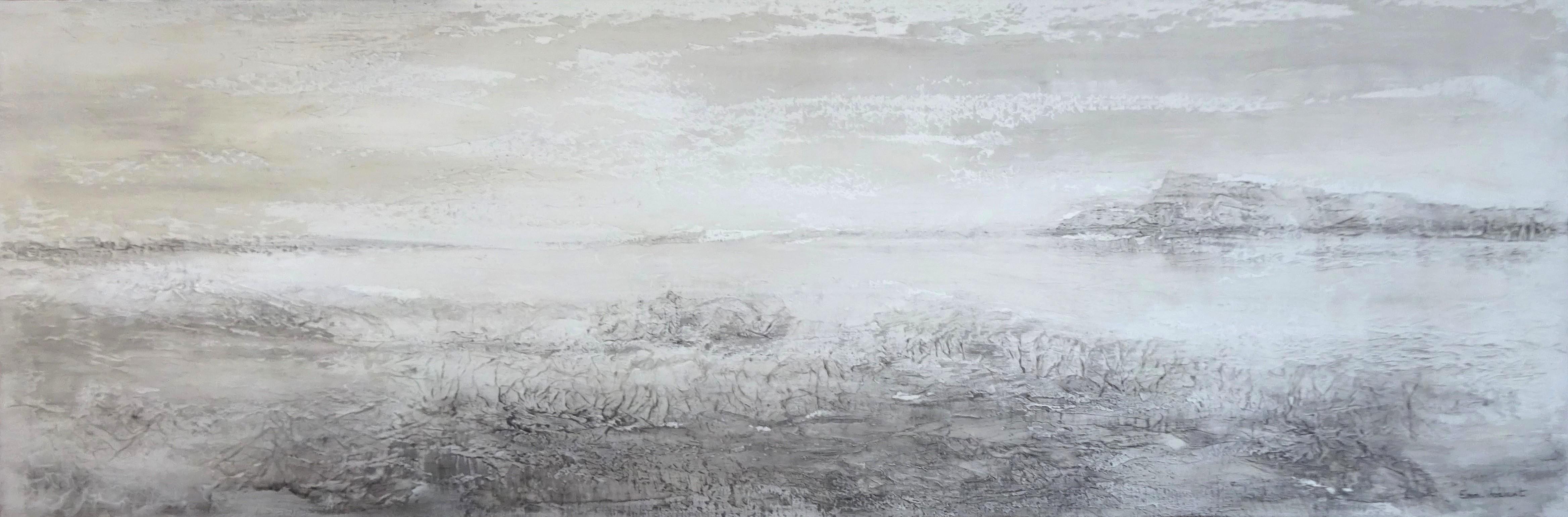 Emmanuelle Vroelant Landscape Painting - "Open space 1"  figuratif landscape acrylic on linen panel 40x120cm 2017