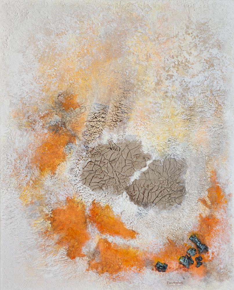 Emmanuelle Vroelant Abstract Painting - "Rain and sun  "  abstract acrylic , marble, collage, 100x81cm, linen canvas