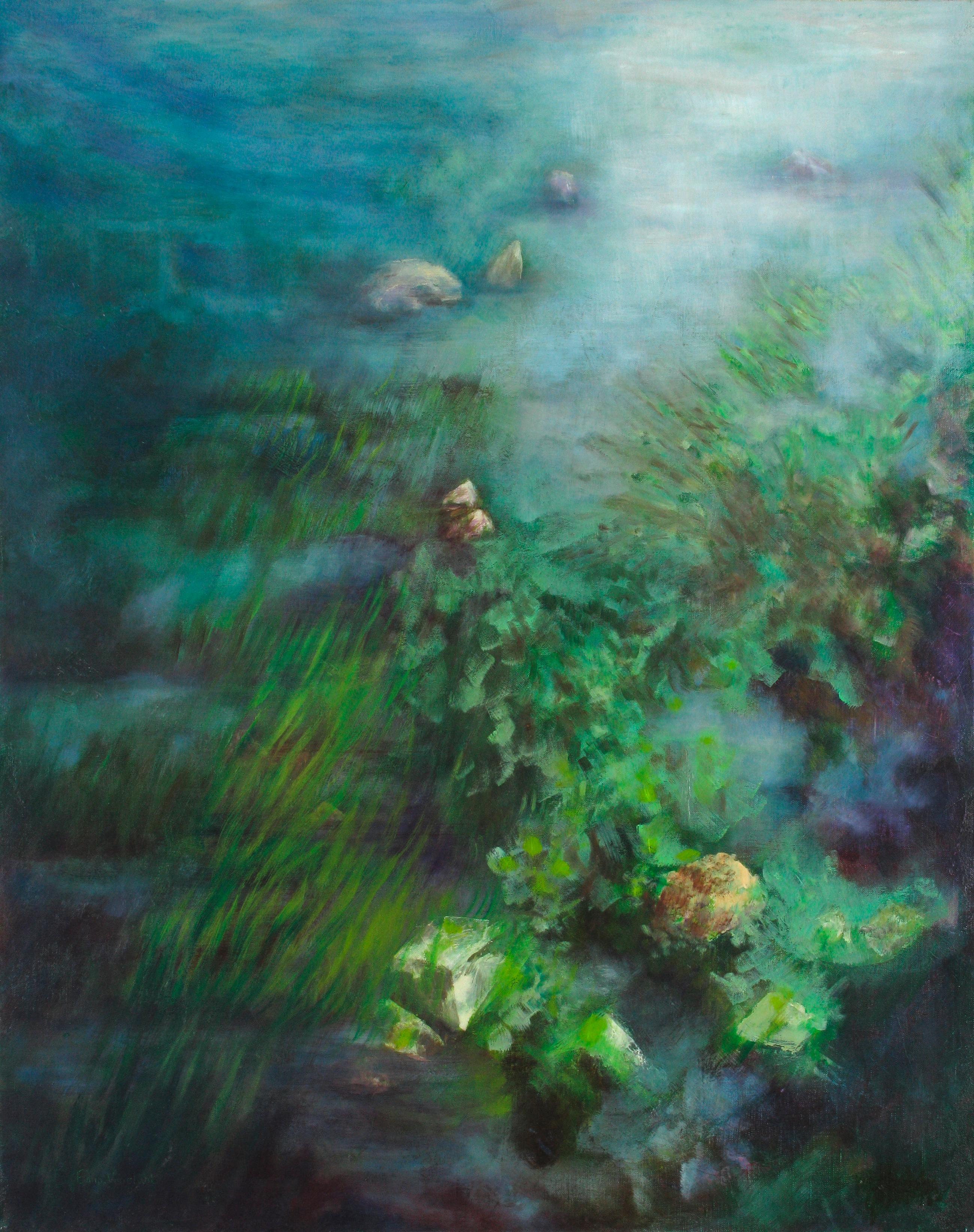  "Apaisement" peinture marine huile 92x72cm 2008 Emmanuelle Vroelant
Les algues coulent dans la transparence de l'eau. Le sentiment qu'ils sont là depuis si longtemps....