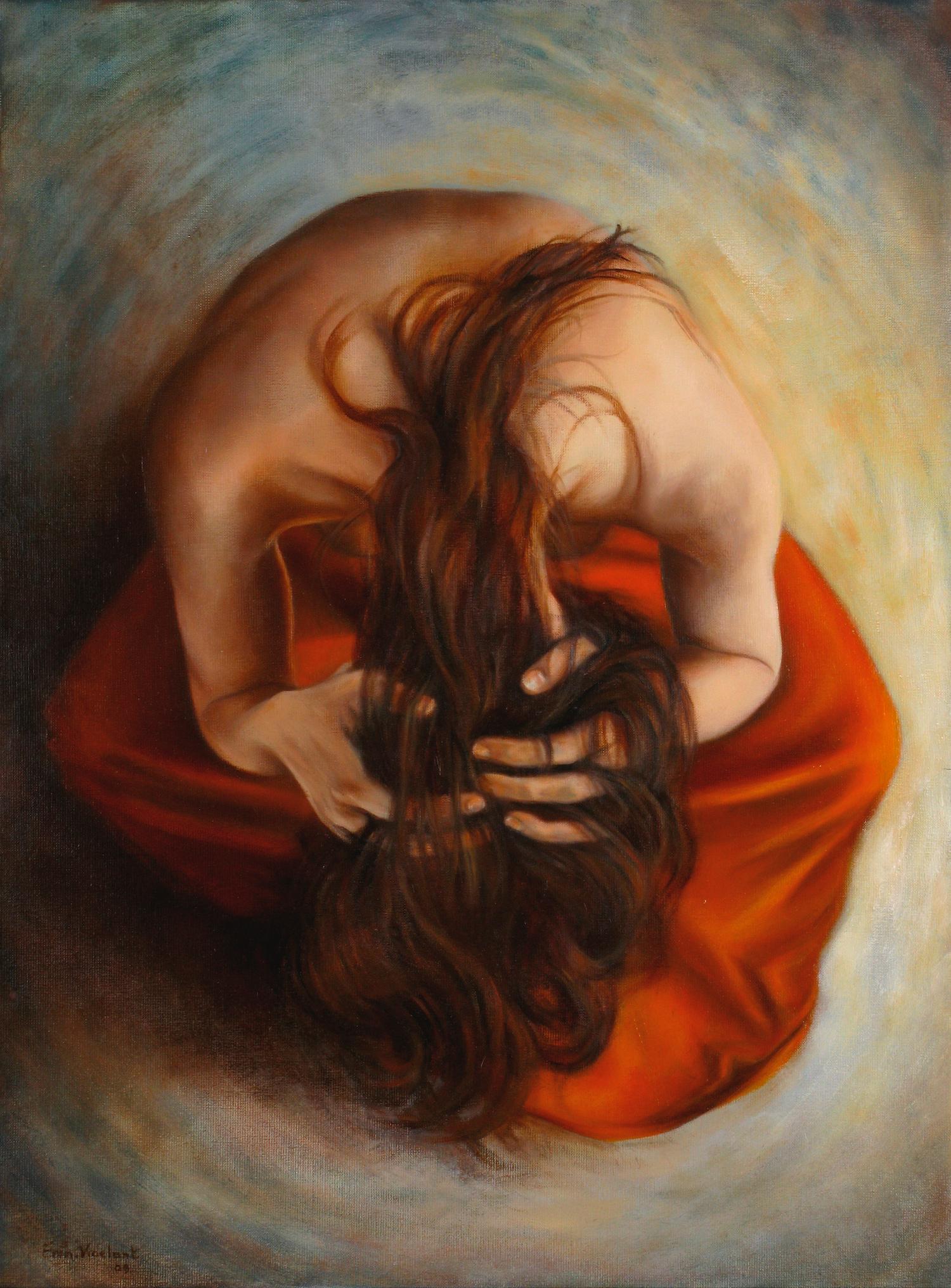 Emmanuelle Vroelant Nude Painting – Figurativer Akt ""Sorrow" Öl auf Leinen Leinwand 82x60cm 2009