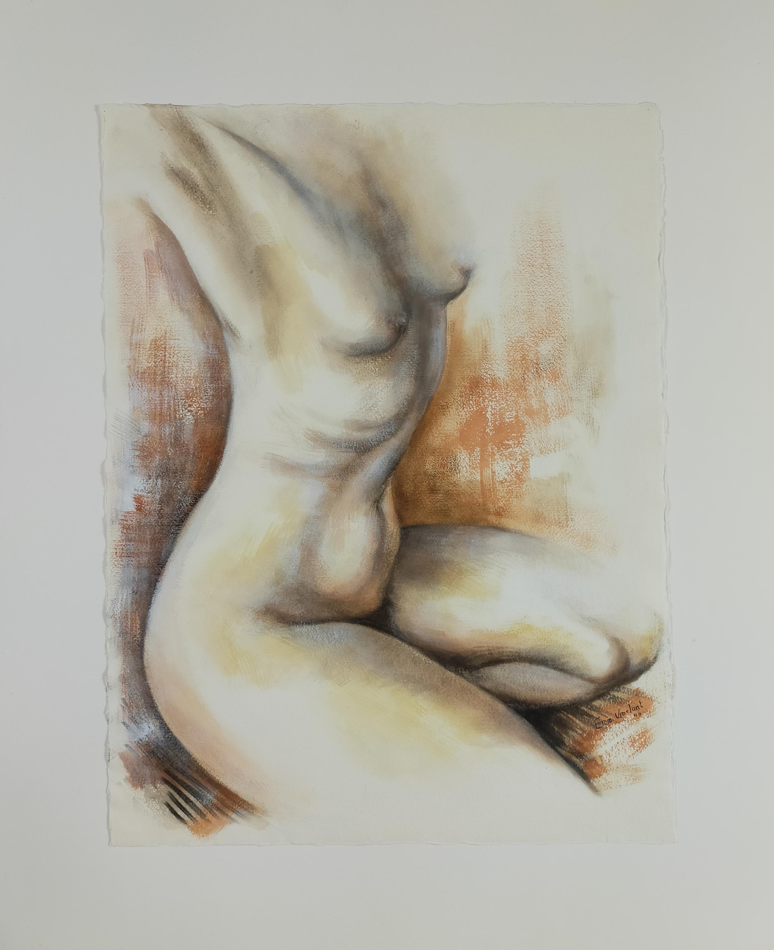 Emmanuelle Vroelant Nude Painting – ""Gestreckter Rücken""  nudefarbene Acrylfarbe auf Bürstenpapier 65x49cm 