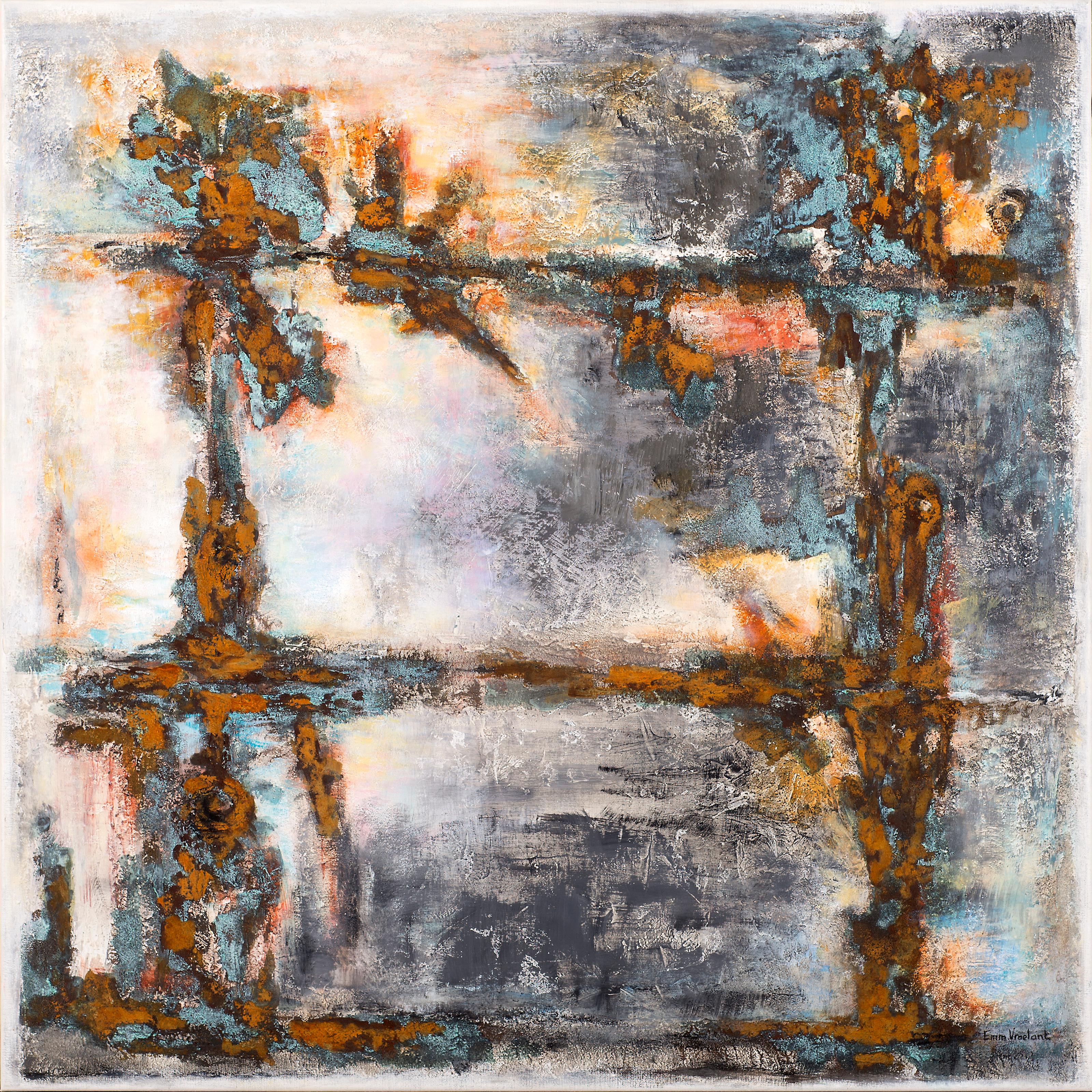 Emmanuelle Vroelant Abstract Painting -  "Survival and barbed wire" abstract acrylic  oxidation  100x100cm 2015