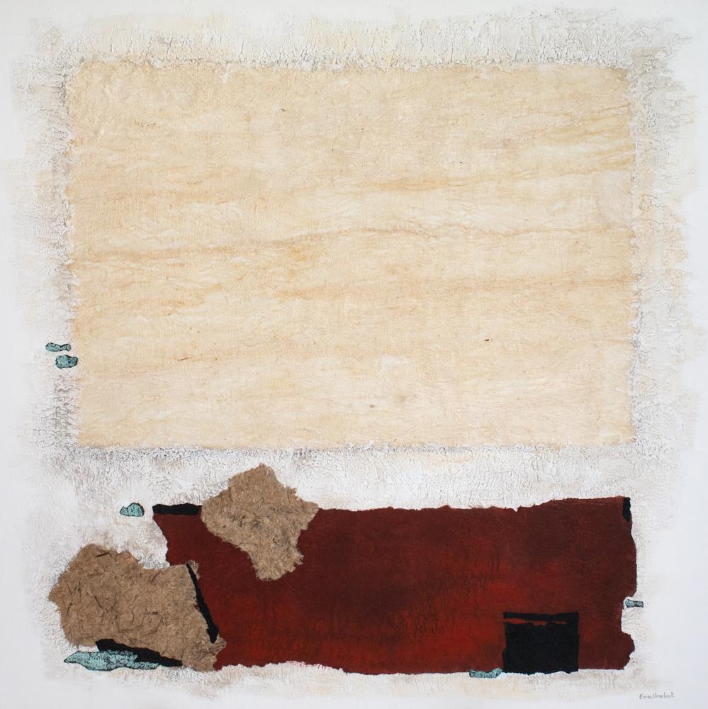 Emmanuelle Vroelant Abstract Painting - "The effectiveness of red n°2"  abstract acrylic , marble, collage 120x120cm.