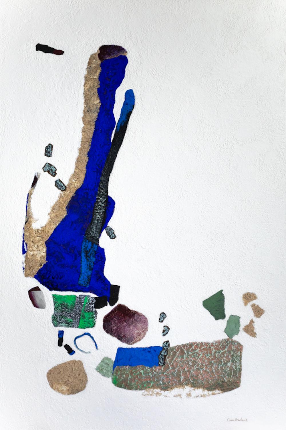 Emmanuelle Vroelant Abstract Painting - "The role of pebbles"  abstract acrylic , marble, collage, oxidation 140x80cm.