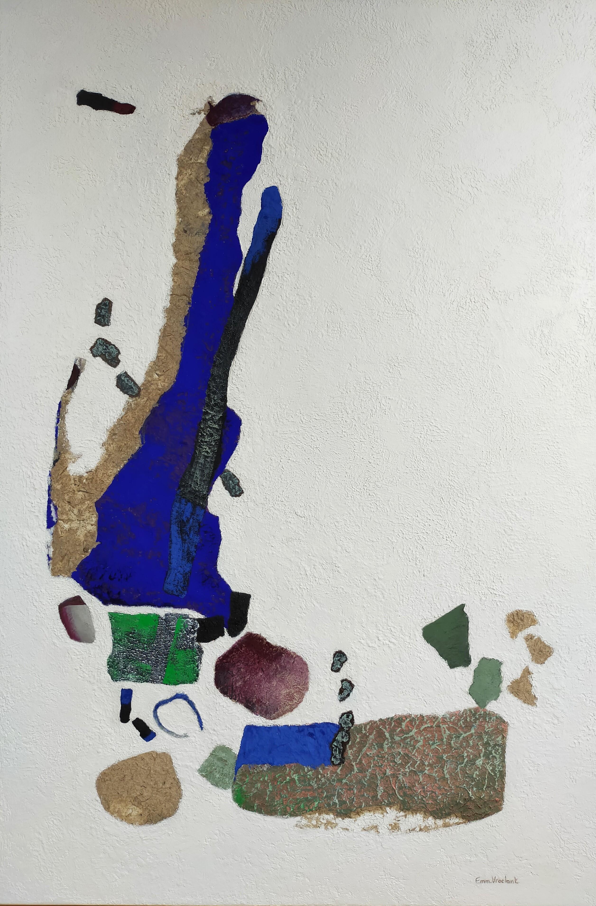Emmanuelle Vroelant Abstract Painting - "The role of pebbles"  abstract acrylic , marble, collage, oxidation 140x80cm.