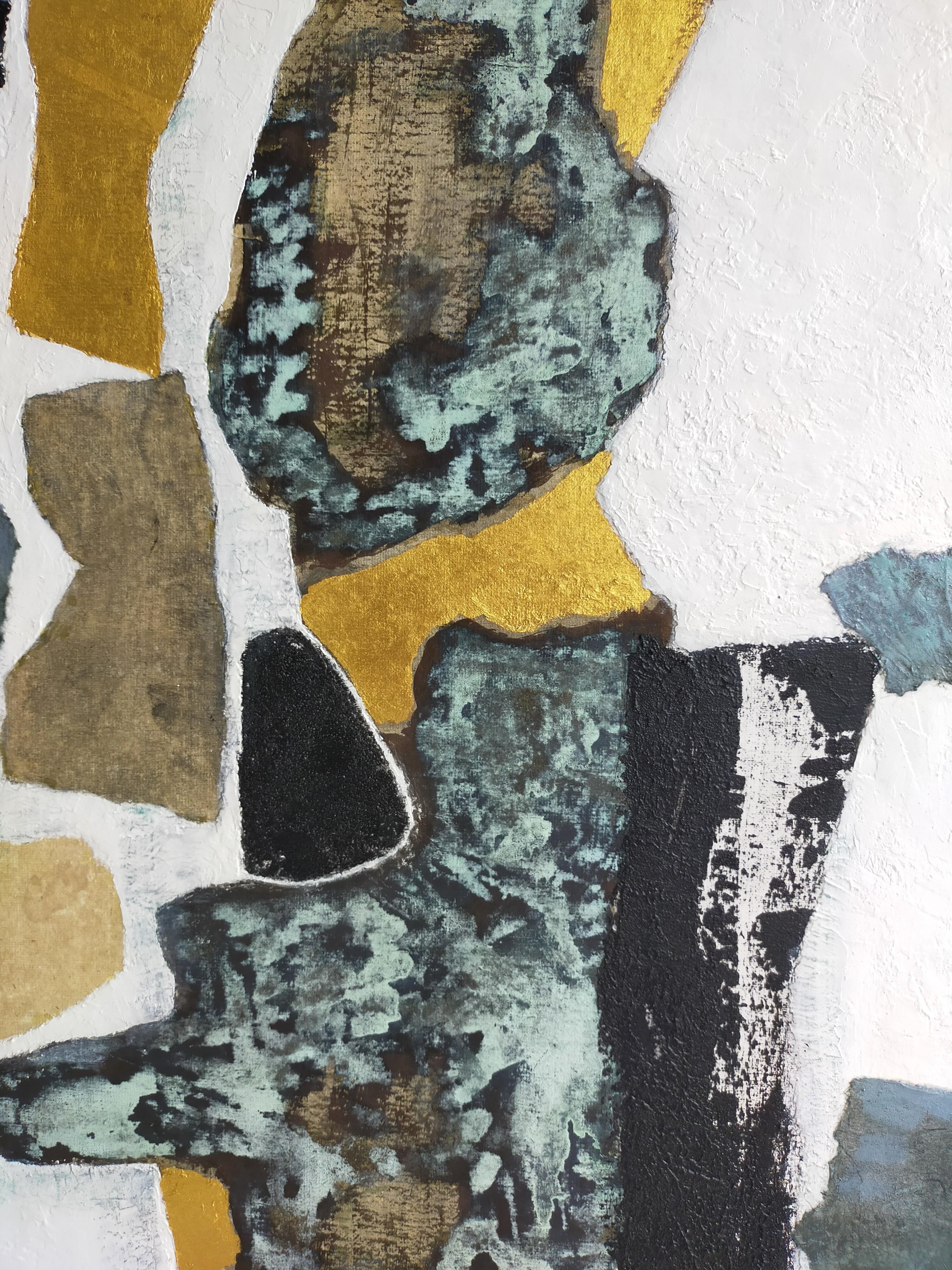 Después de ver un documental sobre el Art Nouveau y recordar cuadros de Klimt en los que se imponían estas formas, así como la atmósfera de colores y la necesidad de añadir láminas de oro claro.
Necesitaba dejar discretos toques de gris en el fondo