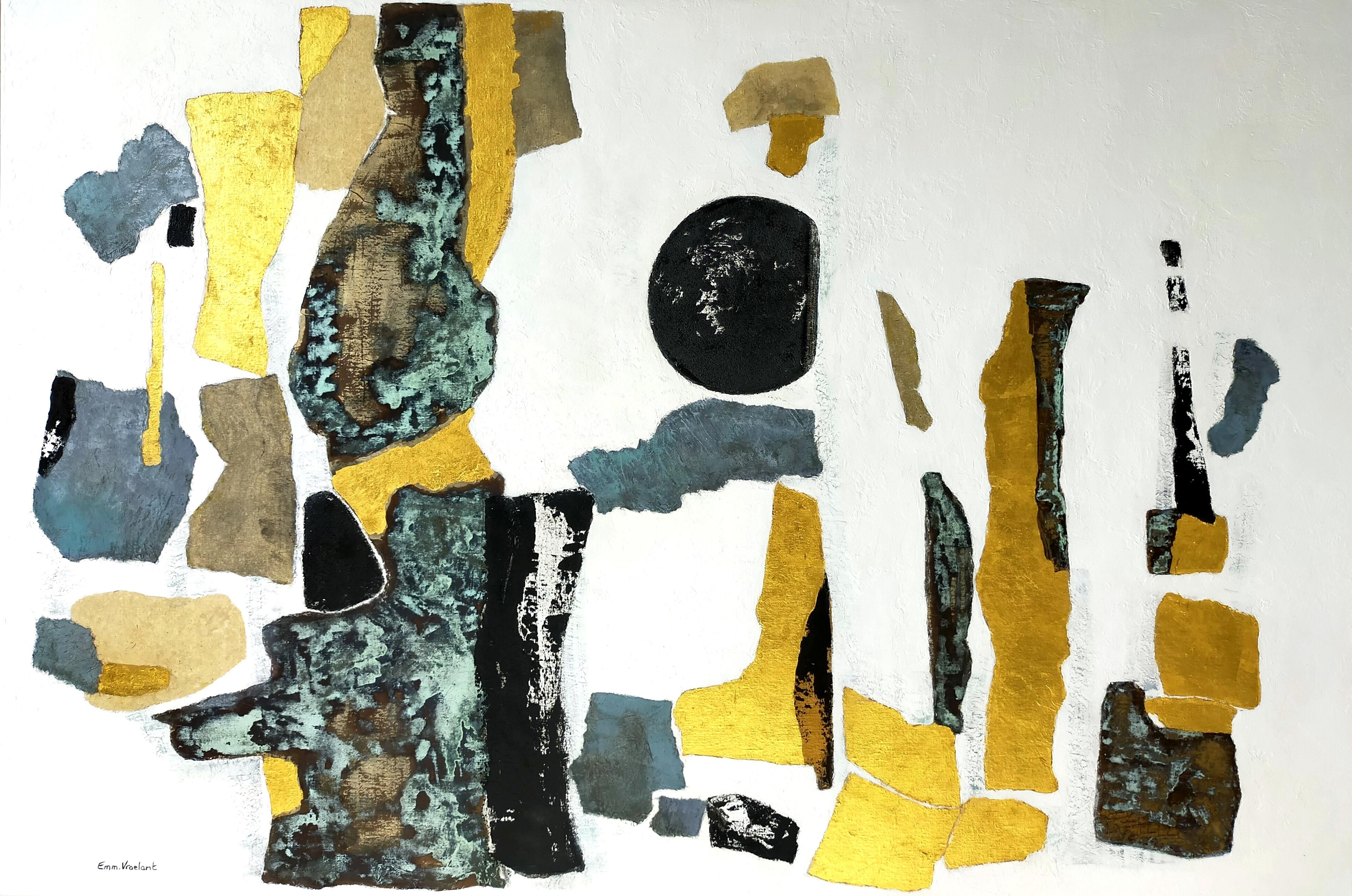 "Untilled" acrilico astratto, collage, foglia d'oro, su lino  tela di alluminio