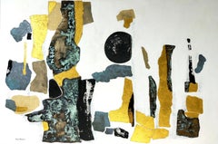 "Untilled" acrilico astratto, collage, foglia d'oro, su lino  tela di alluminio