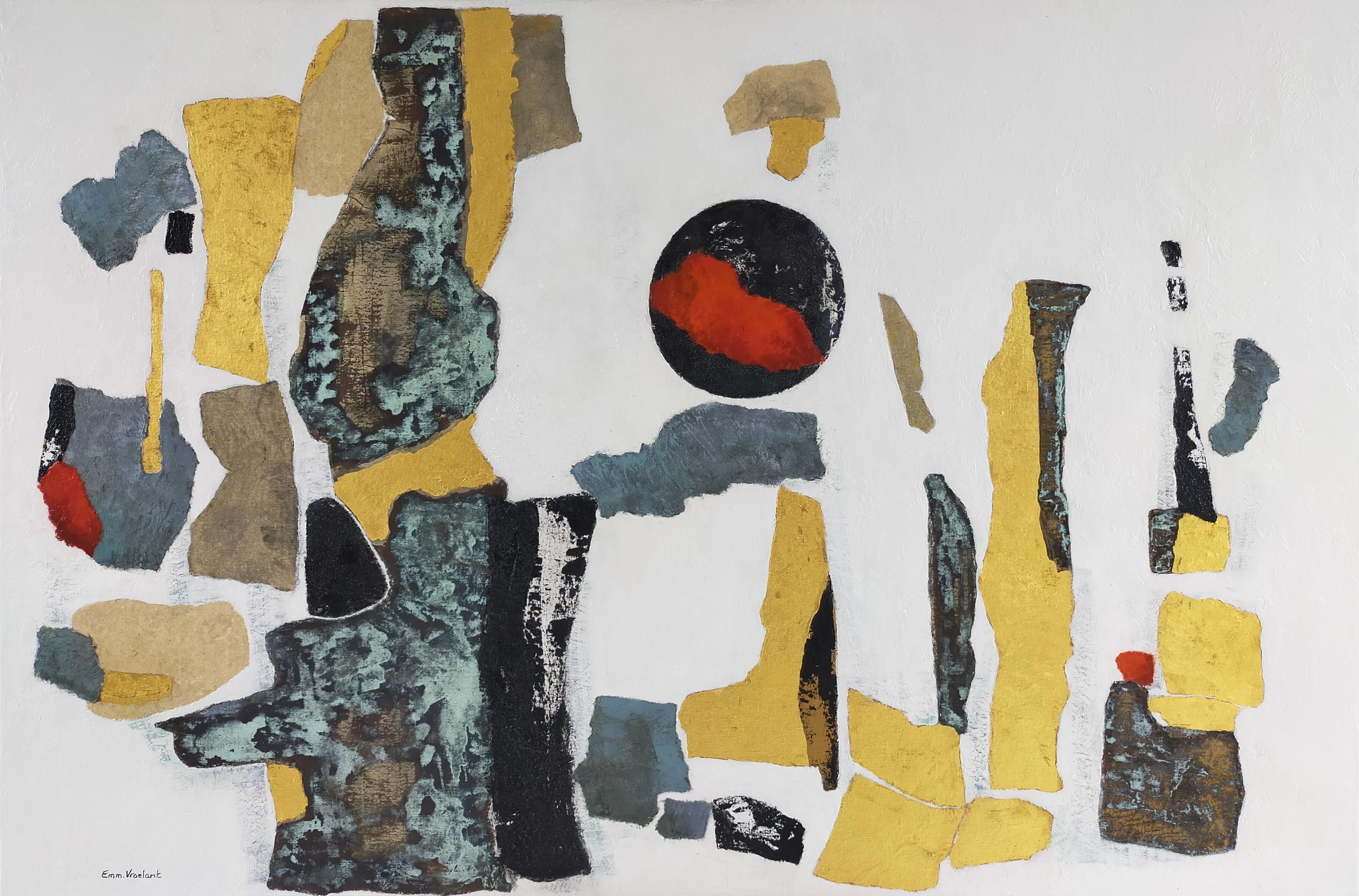 "Untilled" abstract acrylic, collage, gold leaf, on linen  aluminium canvas