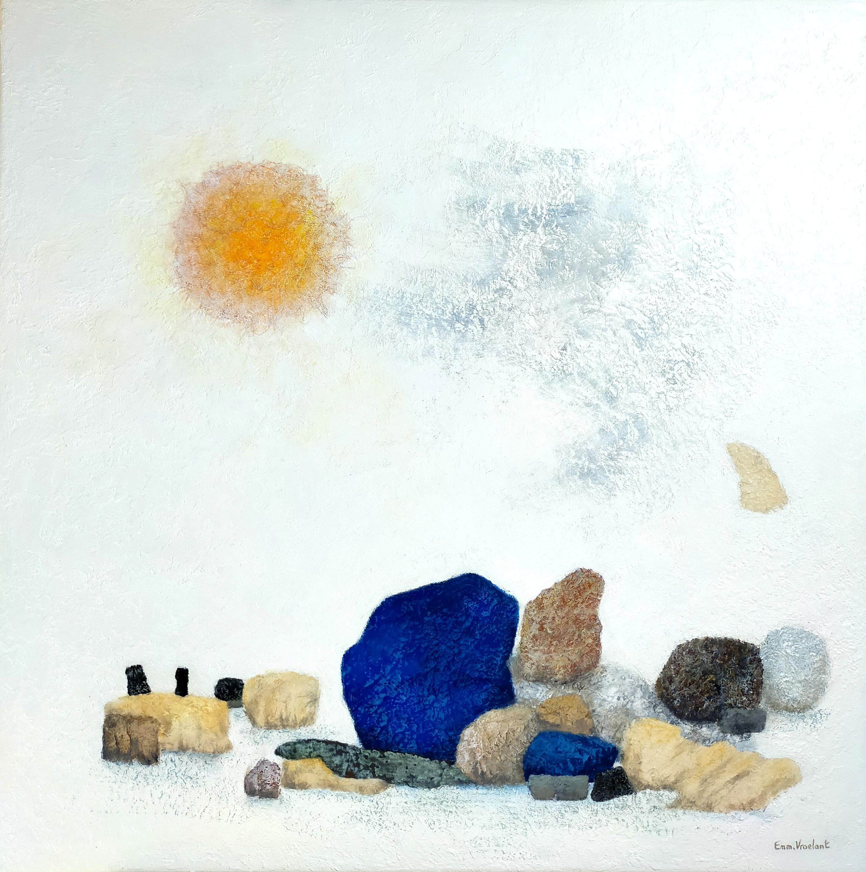 Abstract Painting Emmanuelle Vroelant - "Galets zen  acrylique abstrait, marbre, collage, 80x80cm.
