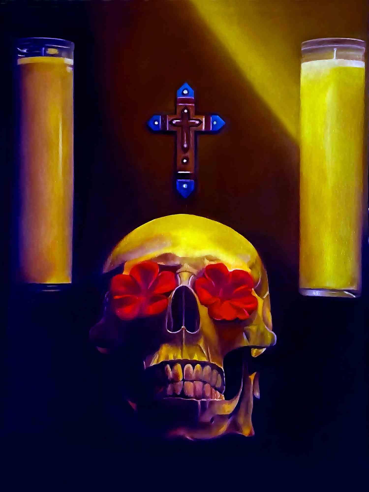 Artist Emmett Graham.  Inspired by Dia De Los Muertos. It is said , people die three deaths. The first death is the body. The second is the burial. The third death occurs when no one is left to remember us. The celebration of Día De Los Muertos is