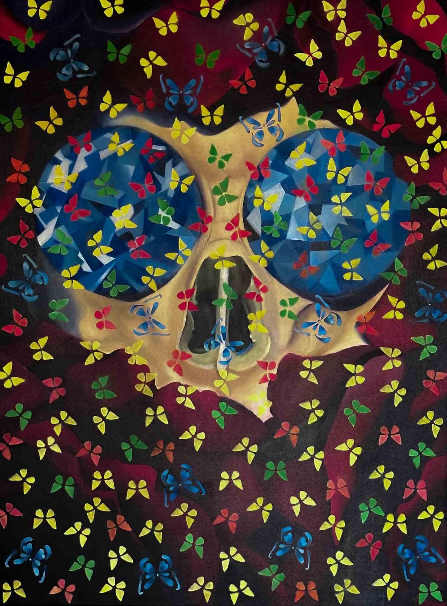 This painting is inspired by the cultural belief about butterflies and the cycle of life from the point of view of what comes from the ground returns to the ground. The roses, diamonds and skull represent that cycle of life and love. The