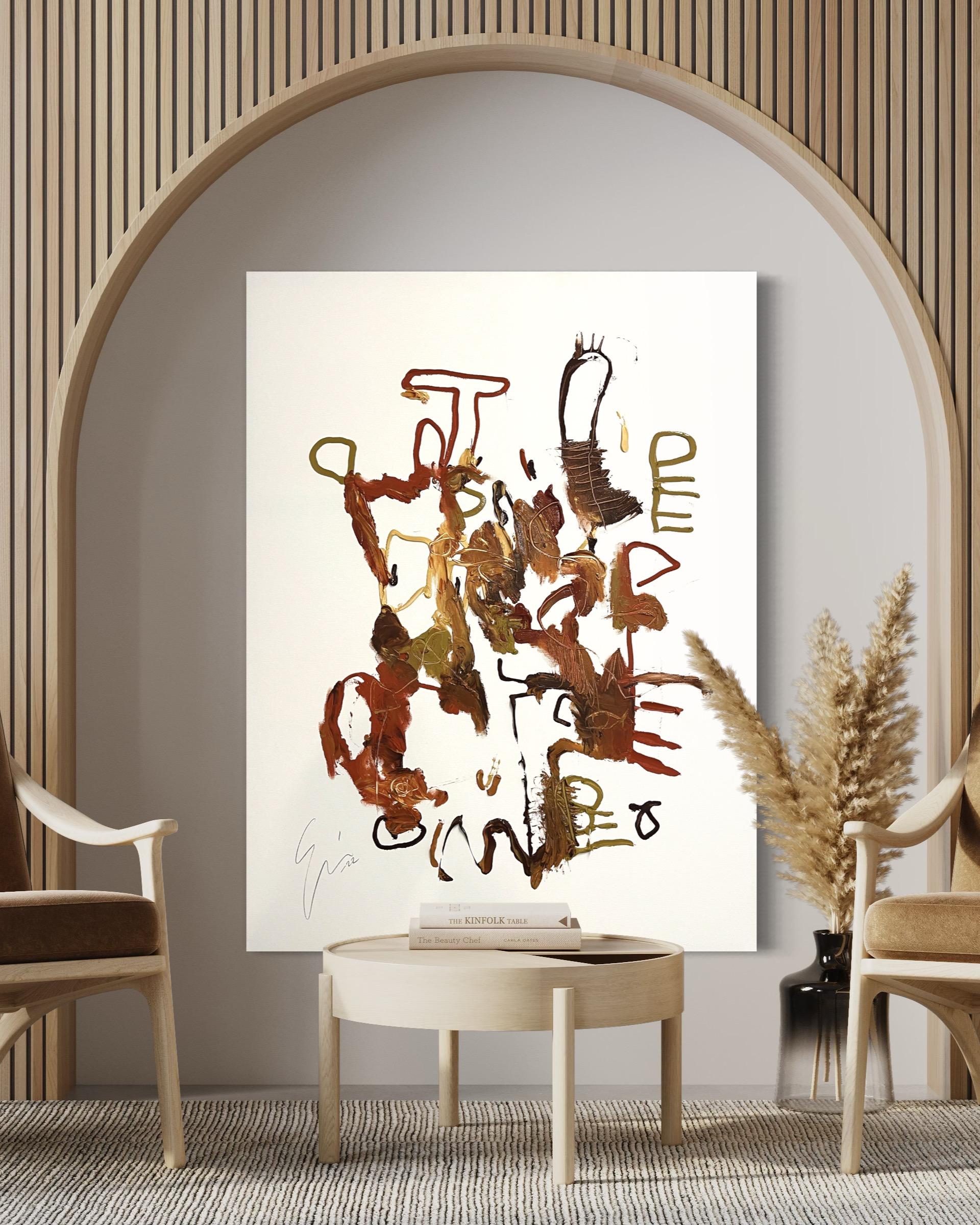 'Connected' Abstract Expressionist, Scandinavian artwork, auburn white base - White Abstract Painting by Emmi Granlund