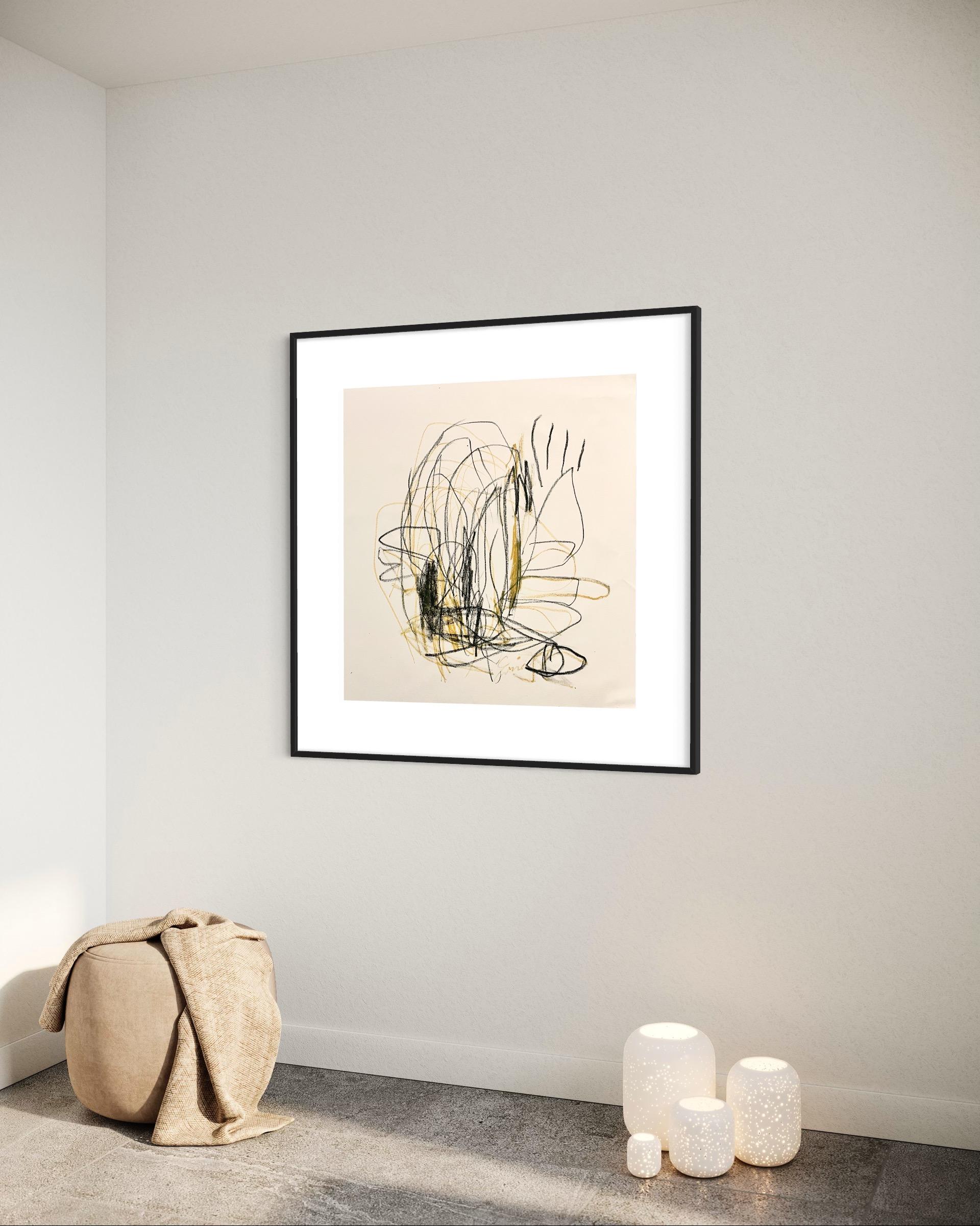 Abstrakter Expressionismus, skandinavisches Kunstwerk, schwarz-weiß-gelb, minimalistisch (Beige), Abstract Painting, von Emmi Granlund