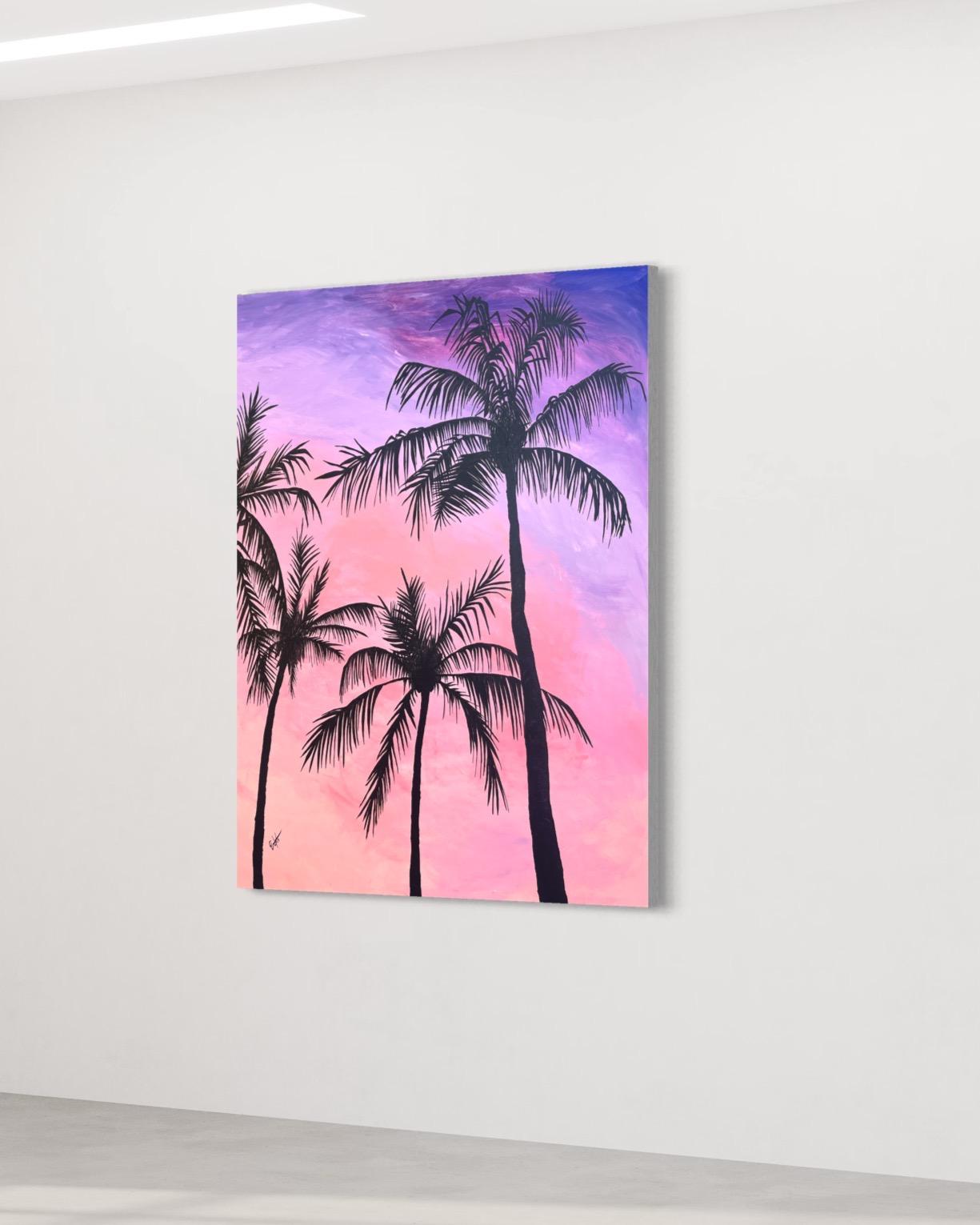 'palmtrees' pink purple sunset, exotic view, dream landscape, escape, manifest - Painting by Emmi Granlund