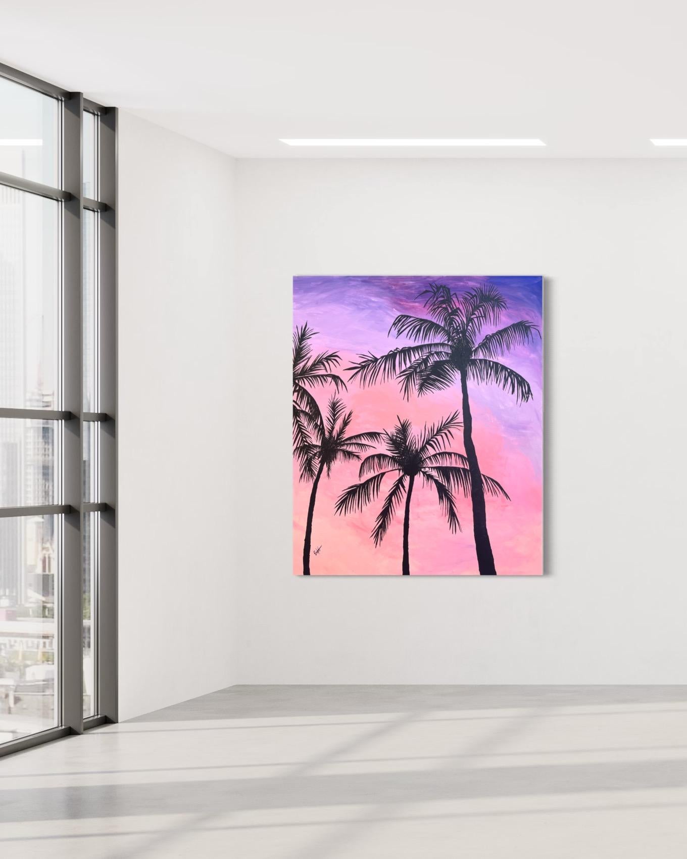 'palmtrees' pink purple sunset, exotic view, dream landscape, escape, manifest - Land Painting by Emmi Granlund