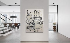 Abstrakter Expressionismus „PS03“, skandinavisches Kunstwerk, schwarz-cremeweißer Sockel