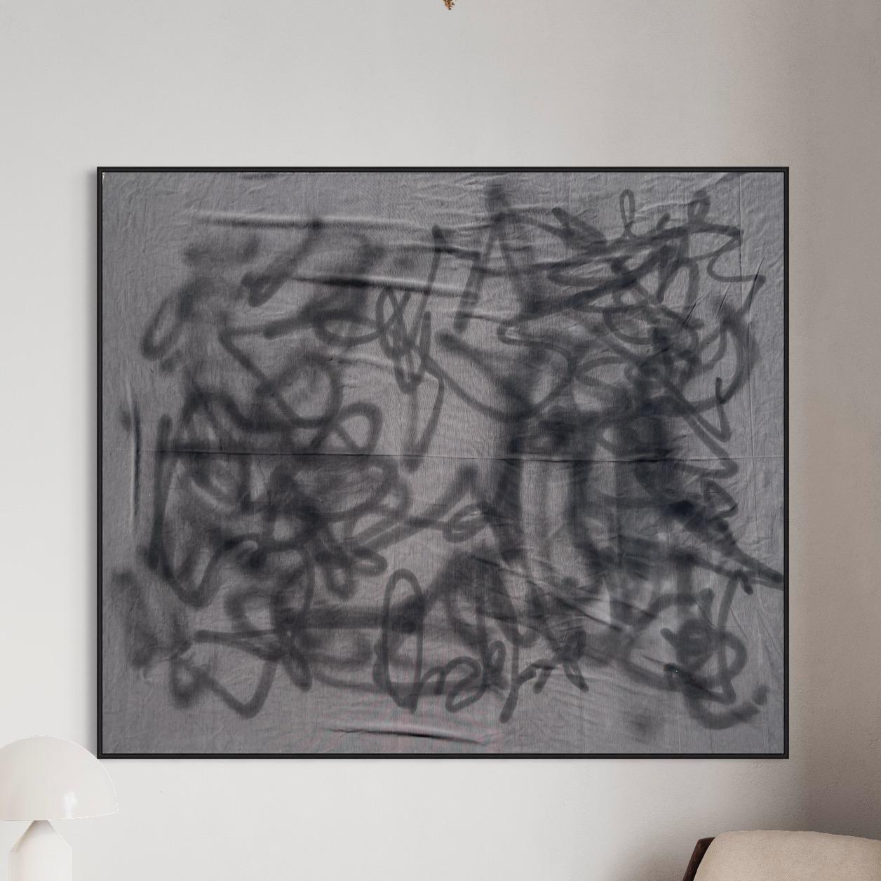'PS05' Abstract Expressionist, Scandinavian artwork, grey fabric base palo santo For Sale 4