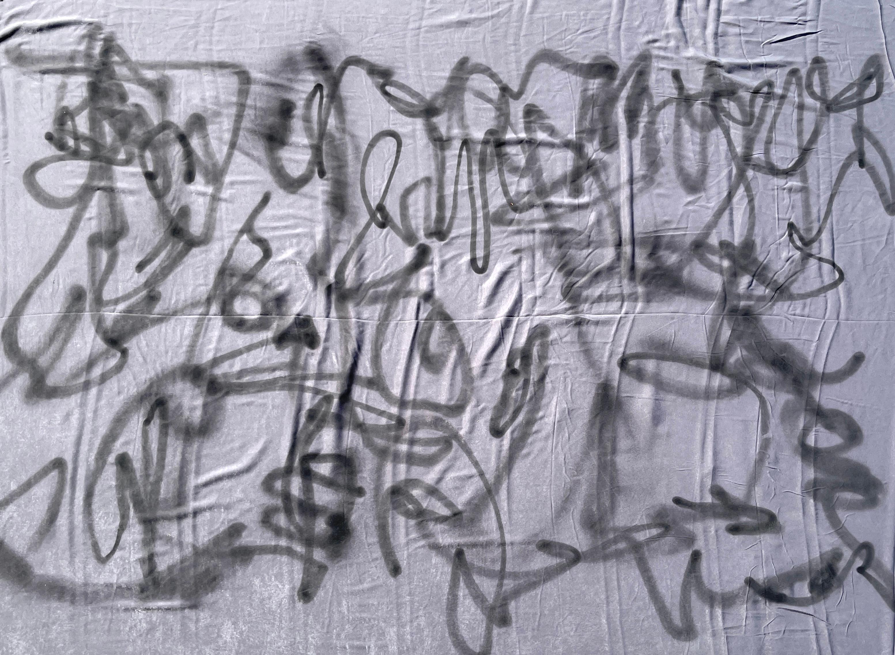 Abstrakter Expressionismus „PS06“, schottisches Kunstwerk, grauer Seidenstoffsockel Palo santo – Painting von Emmi Granlund