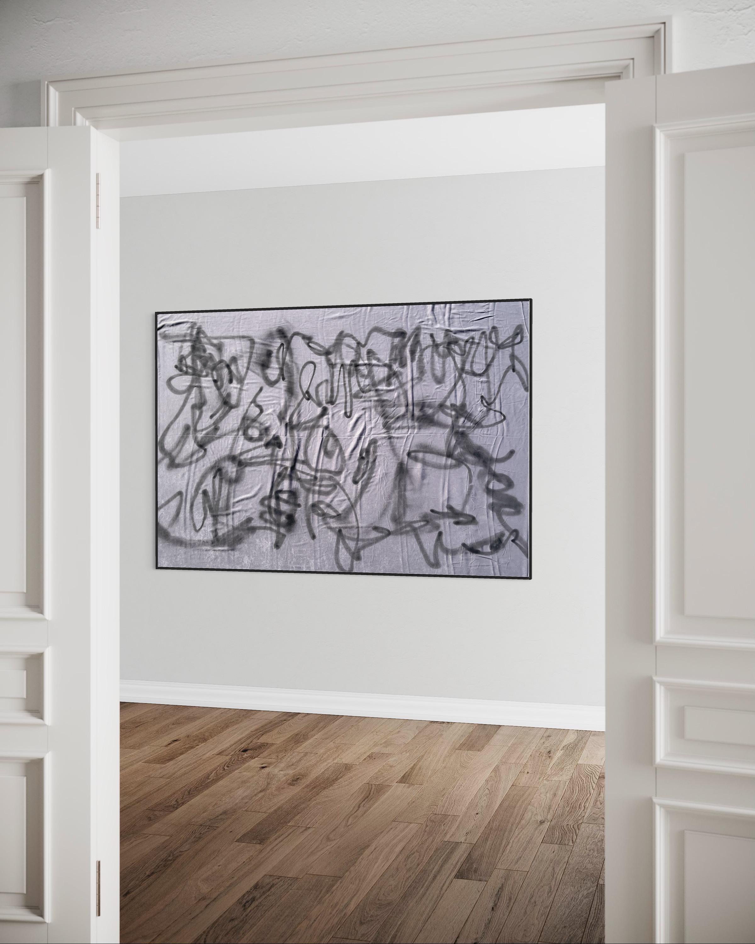 Abstrakter Expressionismus „PS06“, schottisches Kunstwerk, grauer Seidenstoffsockel Palo santo im Angebot 3