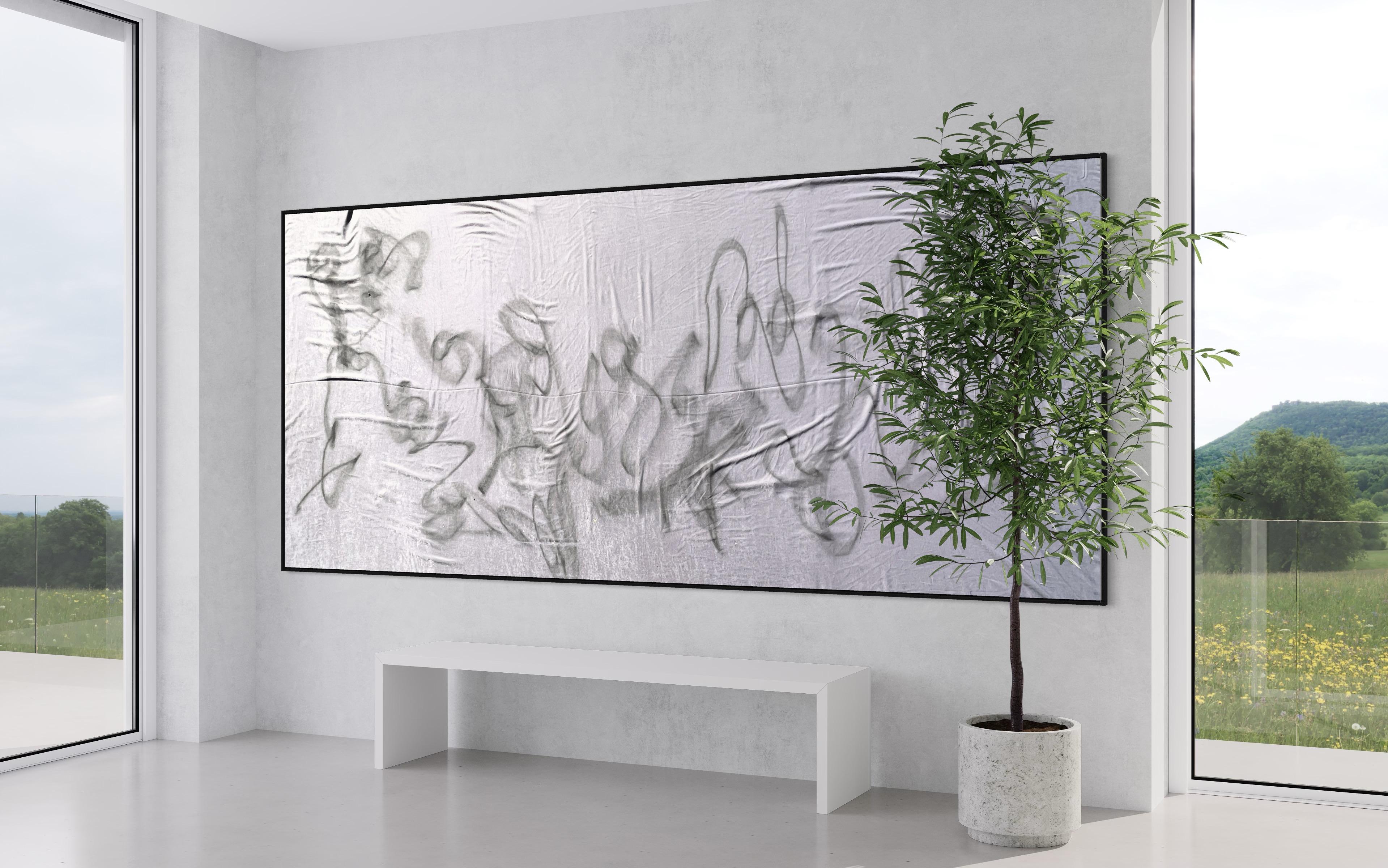 'PS07' Abstract Expressionist, Scandi artwork, grey silky fabric base palo santo For Sale 1