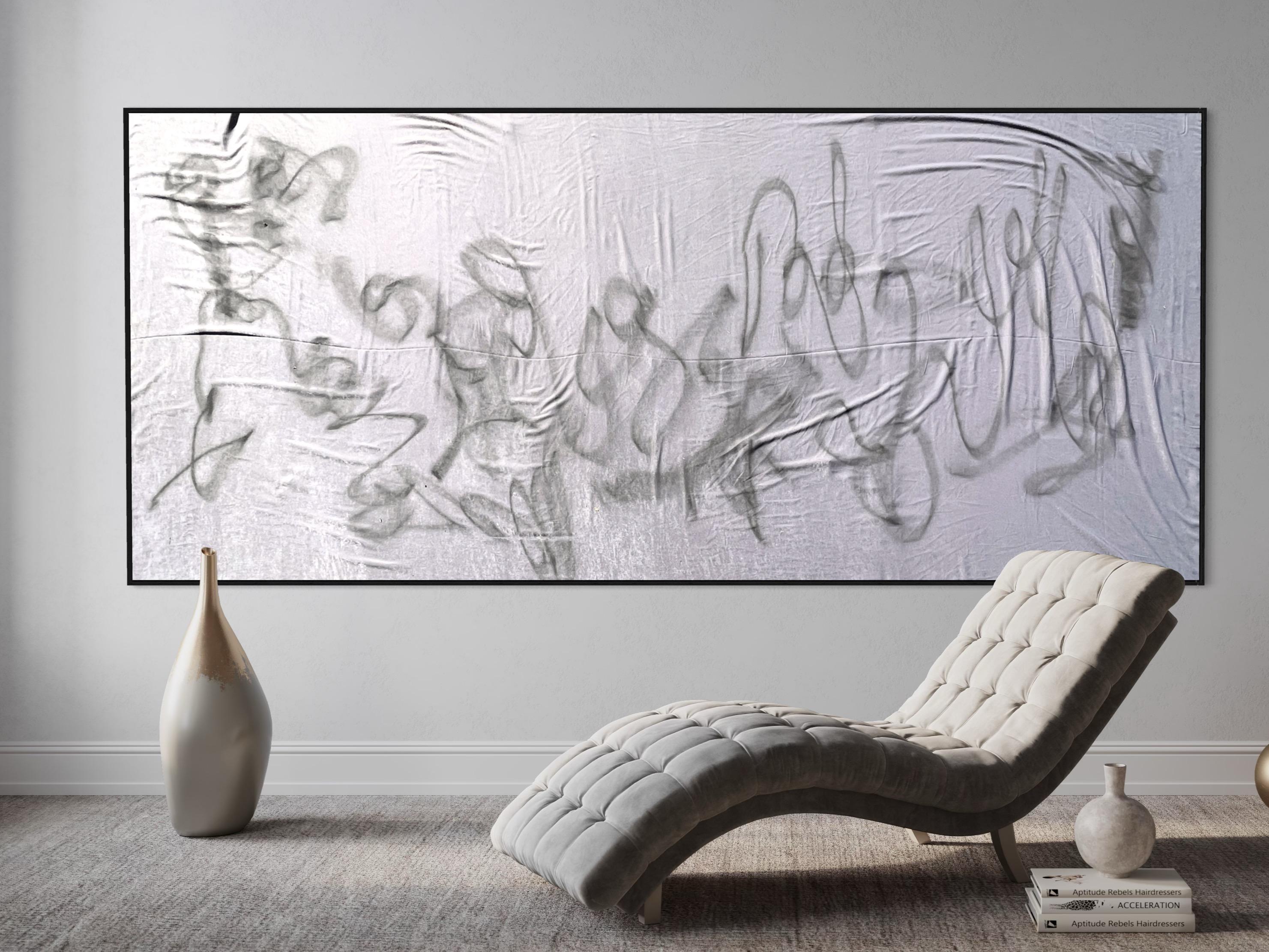 'PS07' Abstract Expressionist, Scandi artwork, grey silky fabric base palo santo For Sale 4