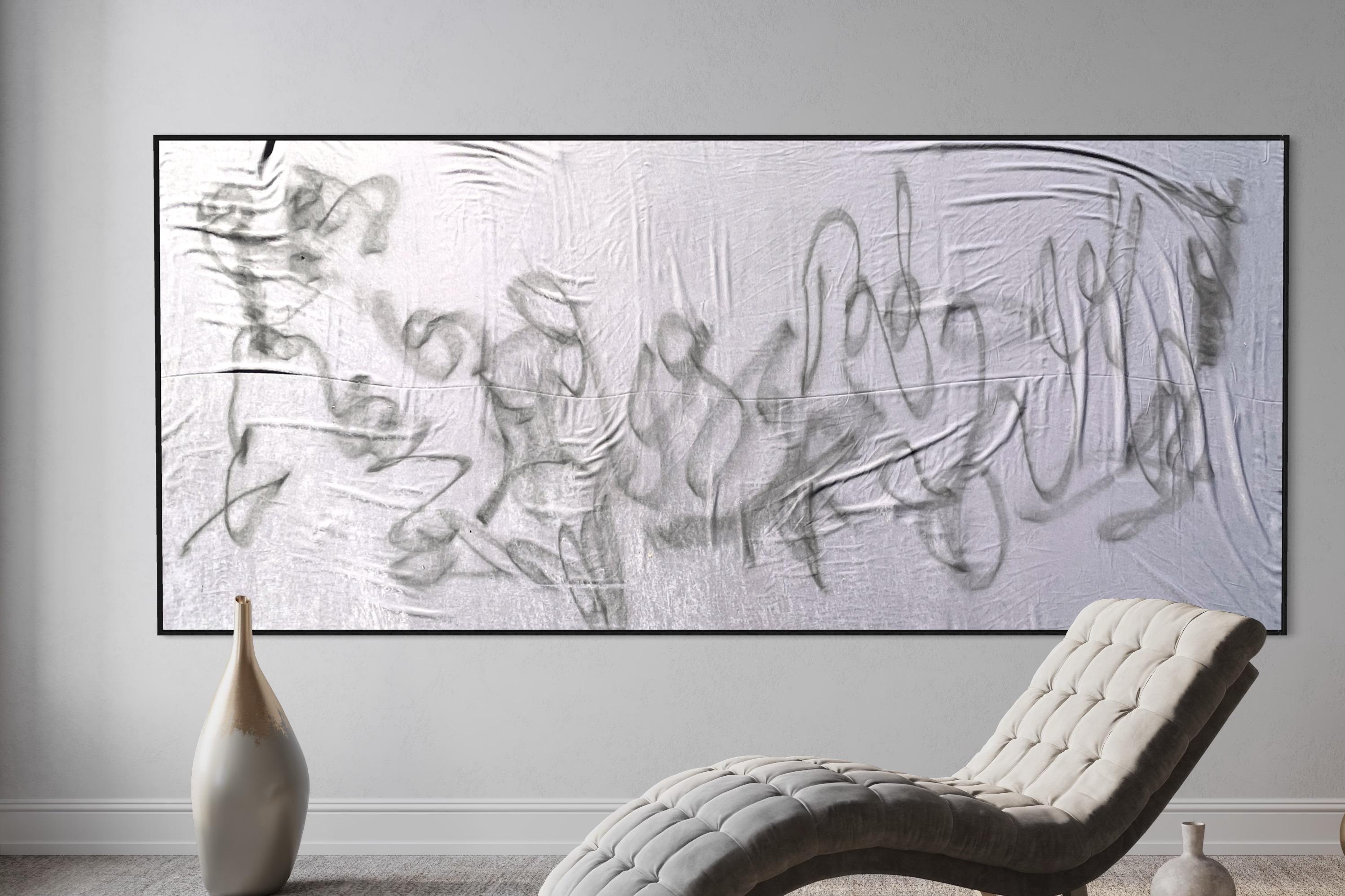 'PS07' Abstract Expressionist, Scandi artwork, grey silky fabric base palo santo For Sale 5