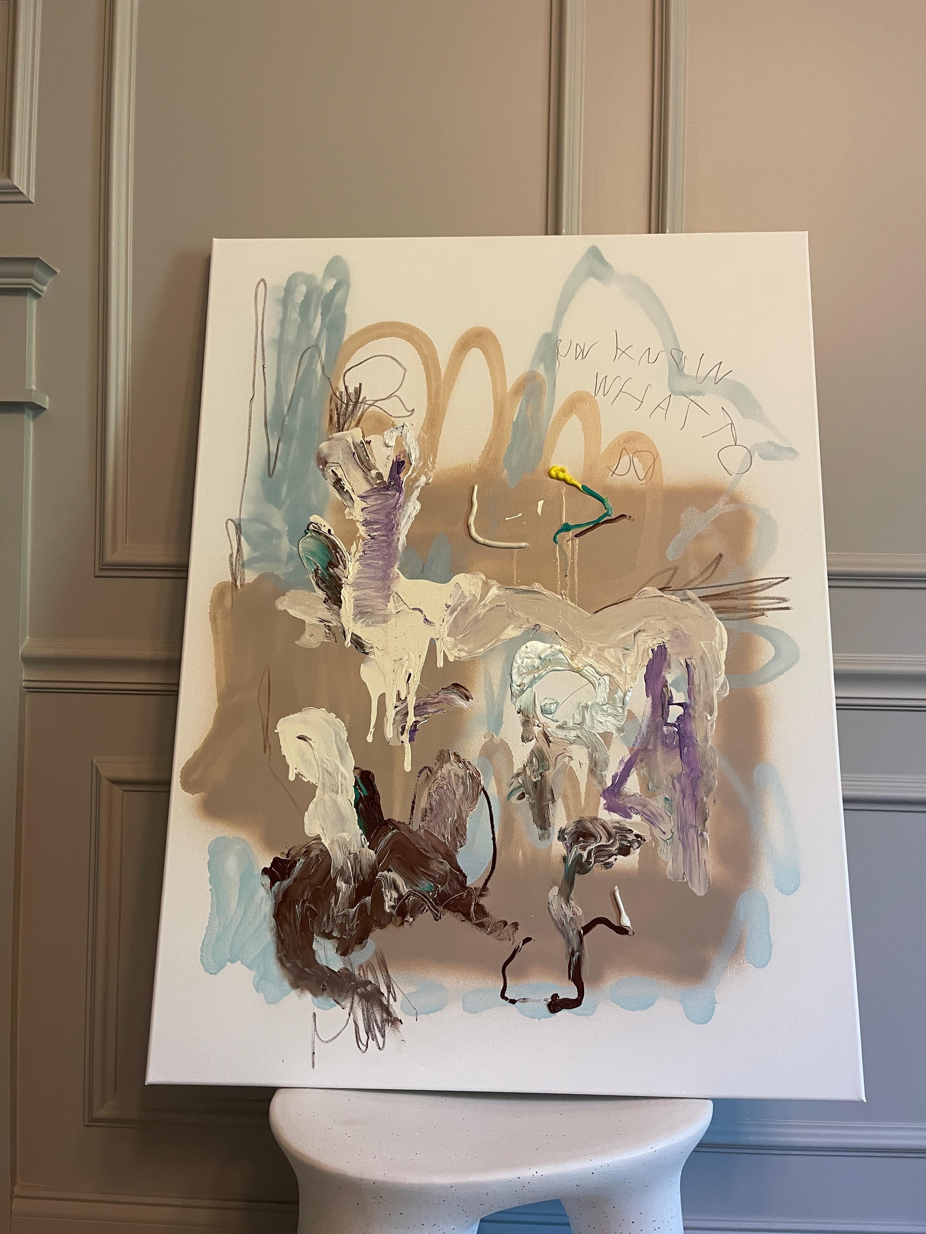 opera d'arte astratta espressionista, scandinava, 'tu sai cosa fare' - Abstract Painting Beige di Emmi Granlund