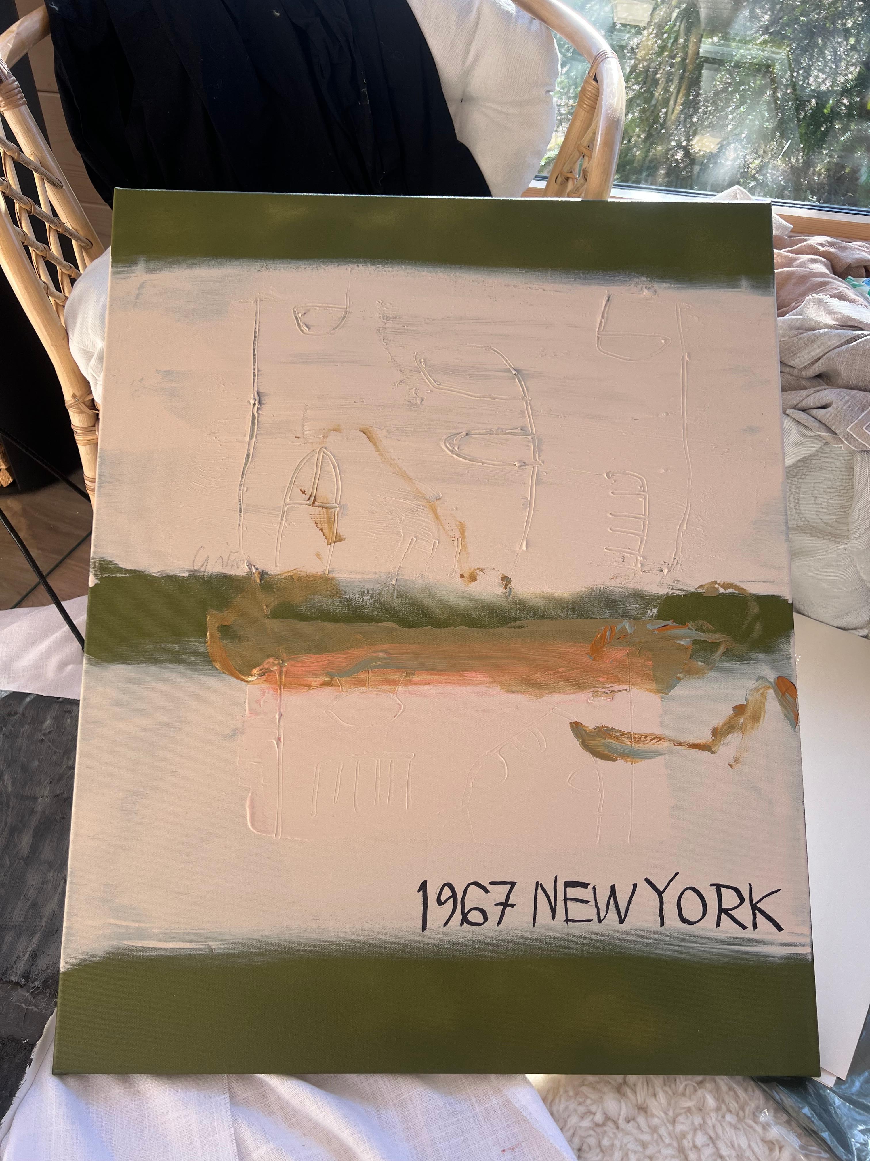 '1967 NEW YORK' abstract elegant nordic painting earthy green beige - Painting by Emmi Iida Granlund
