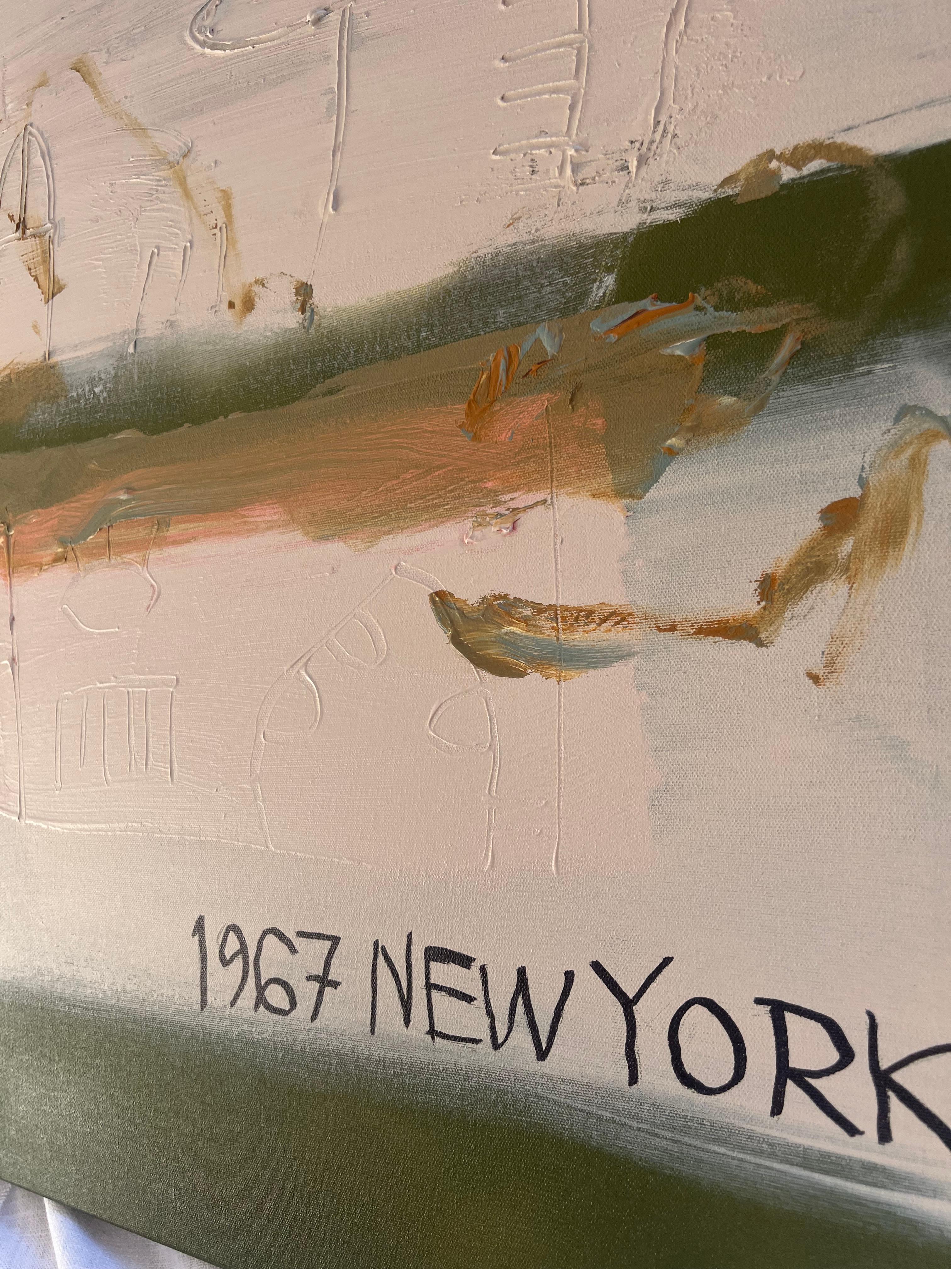 '1967 NEW YORK' abstract elegant nordic painting earthy green beige For Sale 1