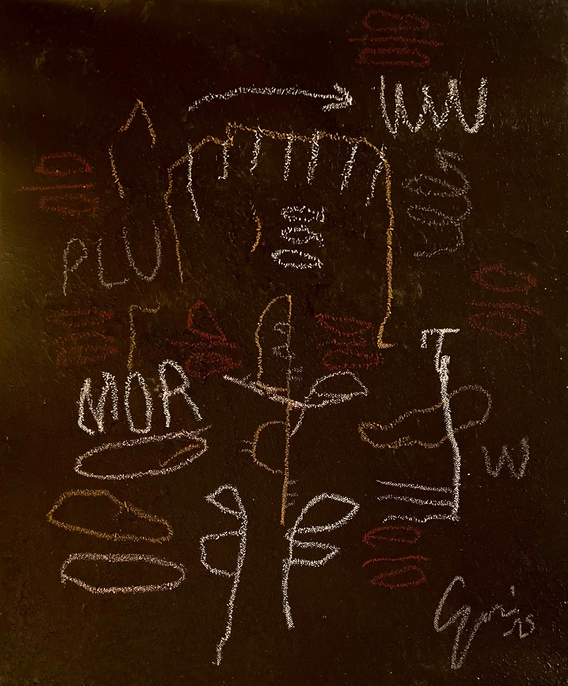 Emmi Iida Granlund Abstract Painting – Letters of Change" Abstrakt in Schwarz mit Pastell-Symbolen - Pariser Bistro-Vibe