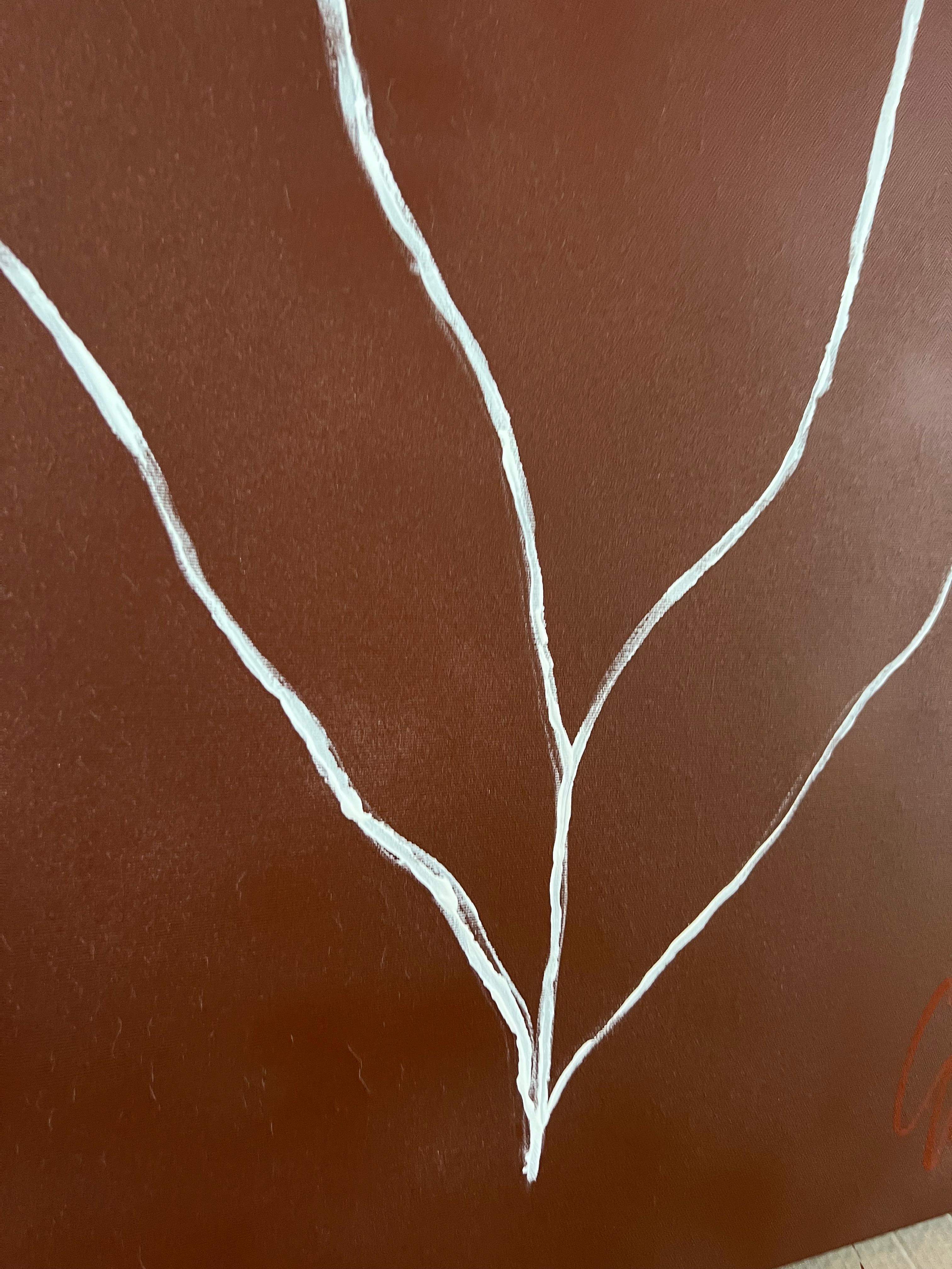 “Vitoris” is a deep, evocative composition rooted in the rich tones of Nordic spring. Layers of burgundy pulse beneath delicate white lines that echo the unfolding of petals—both floral and symbolic. This abstract piece invites the viewer to explore