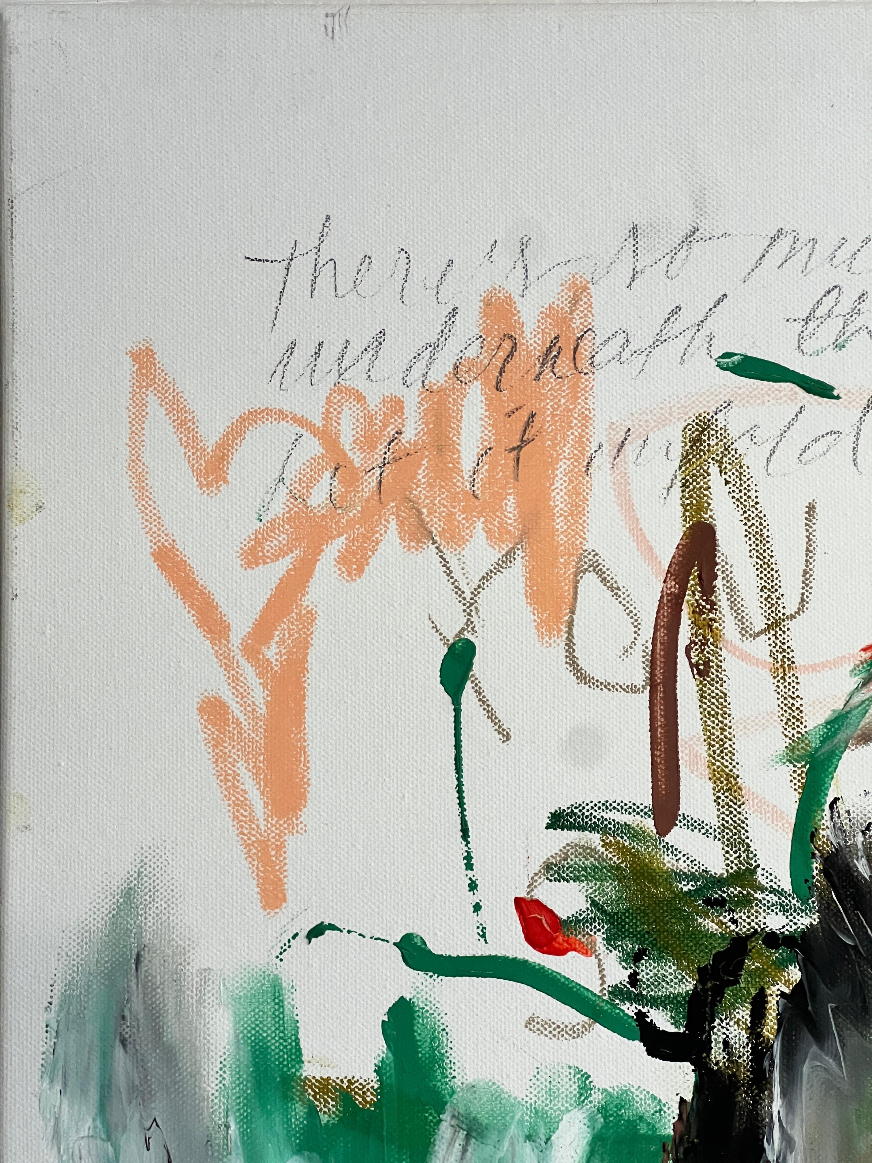 “Beauty Beneath the Chaos” is an original abstract expressionist painting by multidisciplinary Finnish artist Emmi Iida, whose work blends raw emotion, layered symbolism, and poetic text. Painted in bold gestures of emerald green, earthy browns,