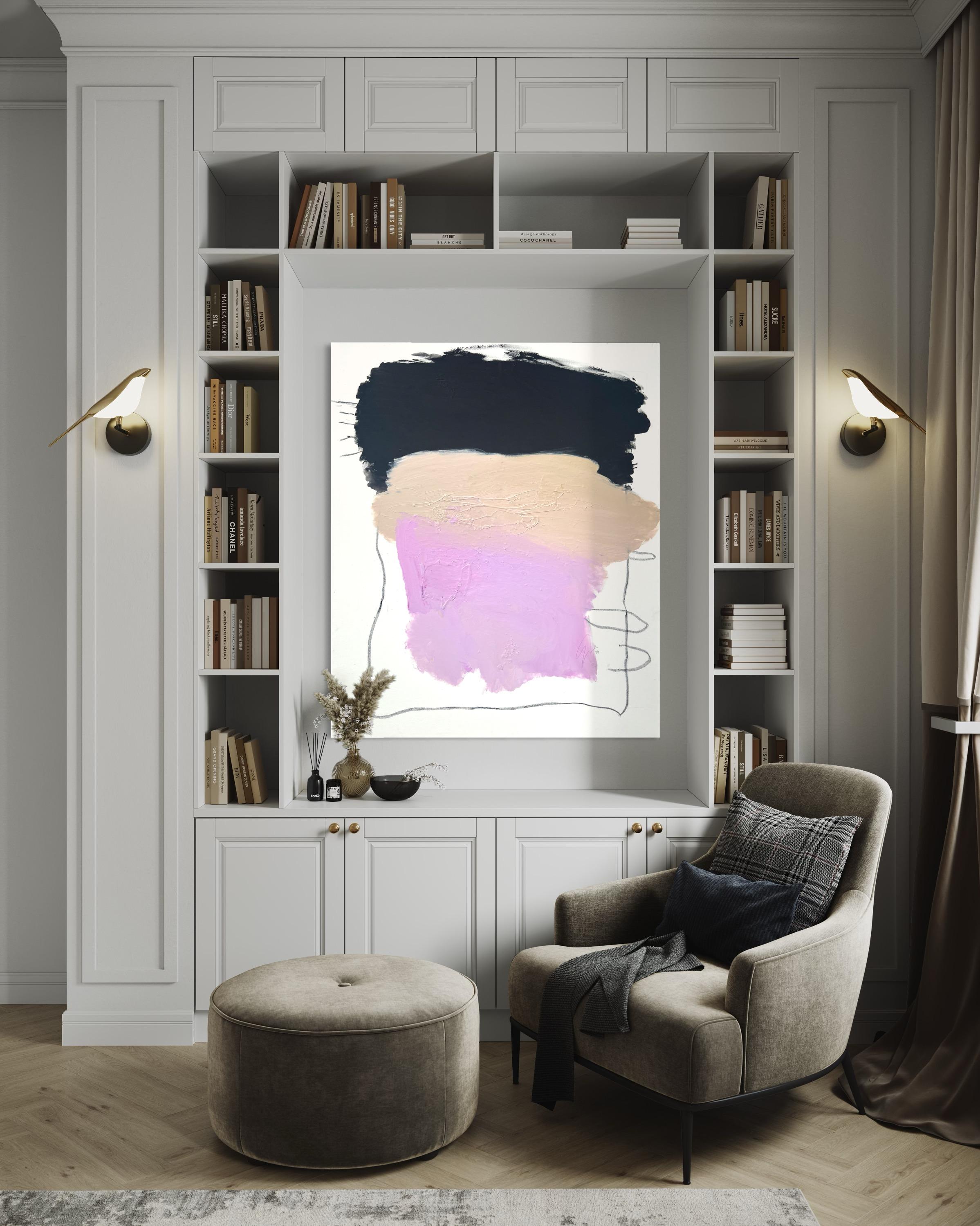 002 "BEYOND THE LOGICAL" pittura astratta minimalista lavanda beige nero