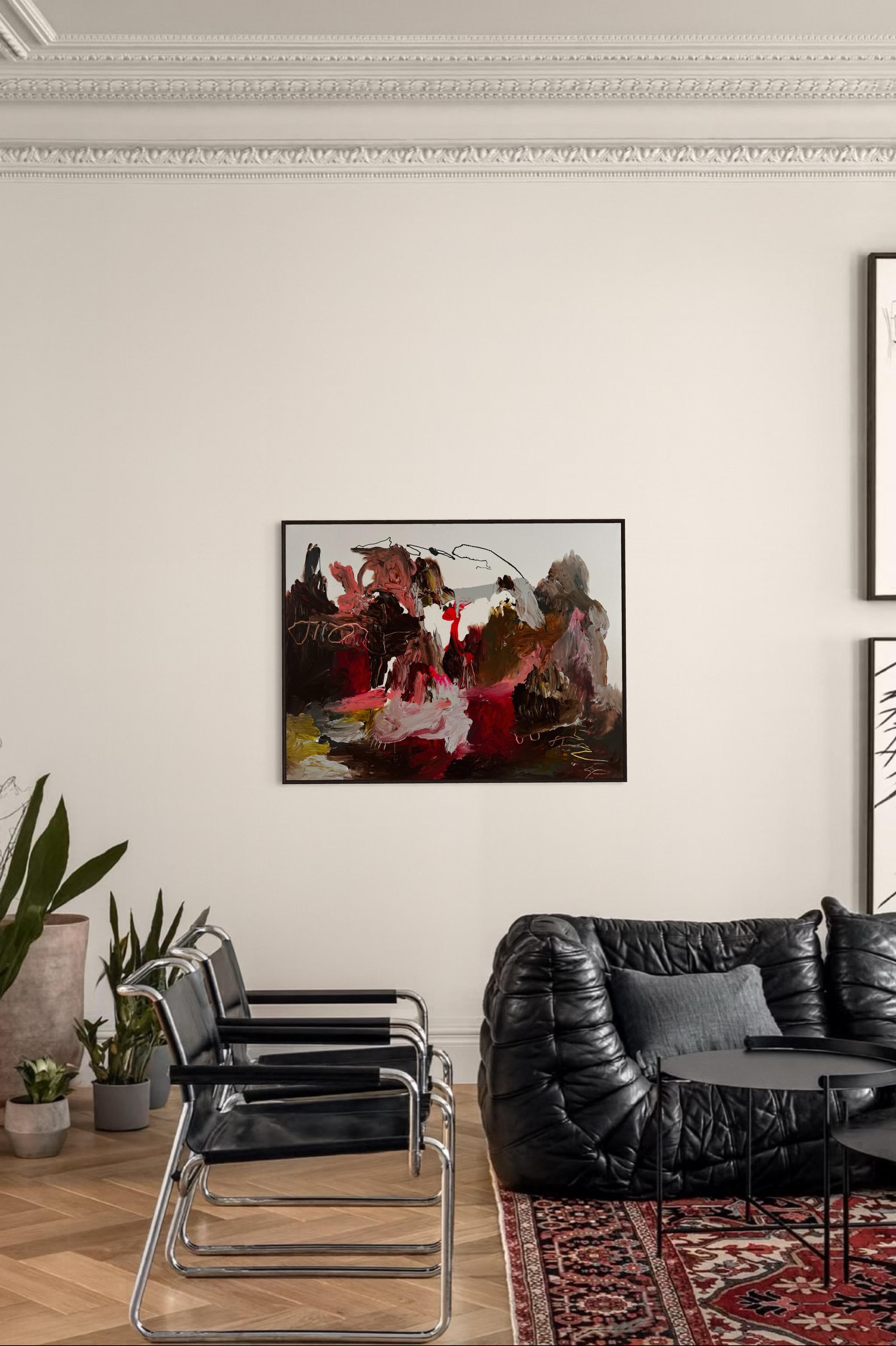 “Crimson Depths” is a bold abstract expressionist painting by Finnish multidisciplinary artist Emmi Iida. With its visceral palette of deep reds, earthy browns, blacks, and flashes of white and pink, the composition pulses with raw intensity.