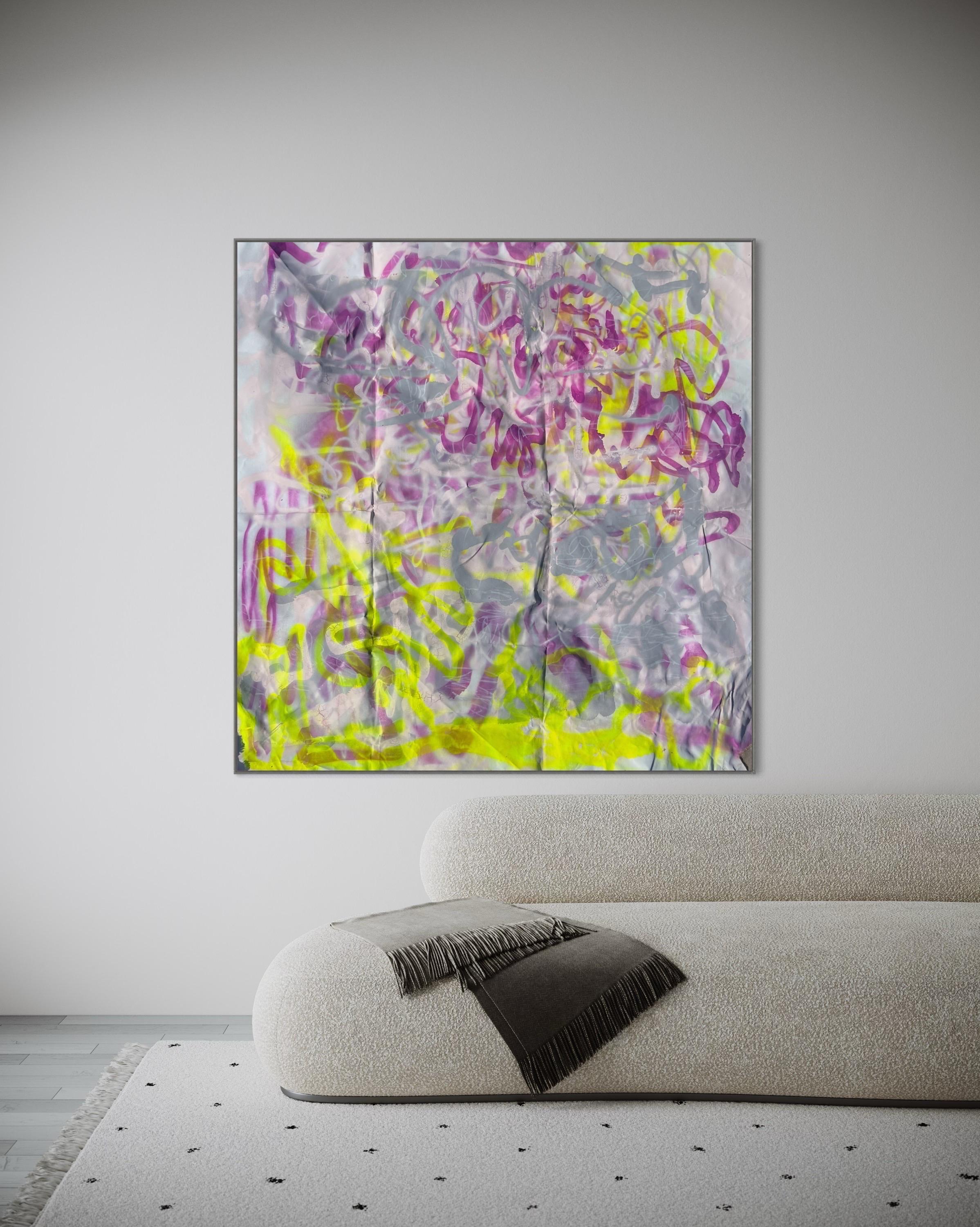 ELETTRICO espressionismo astratto colorato viola giallo neon pittura chic - Painting di EMMI IIDA