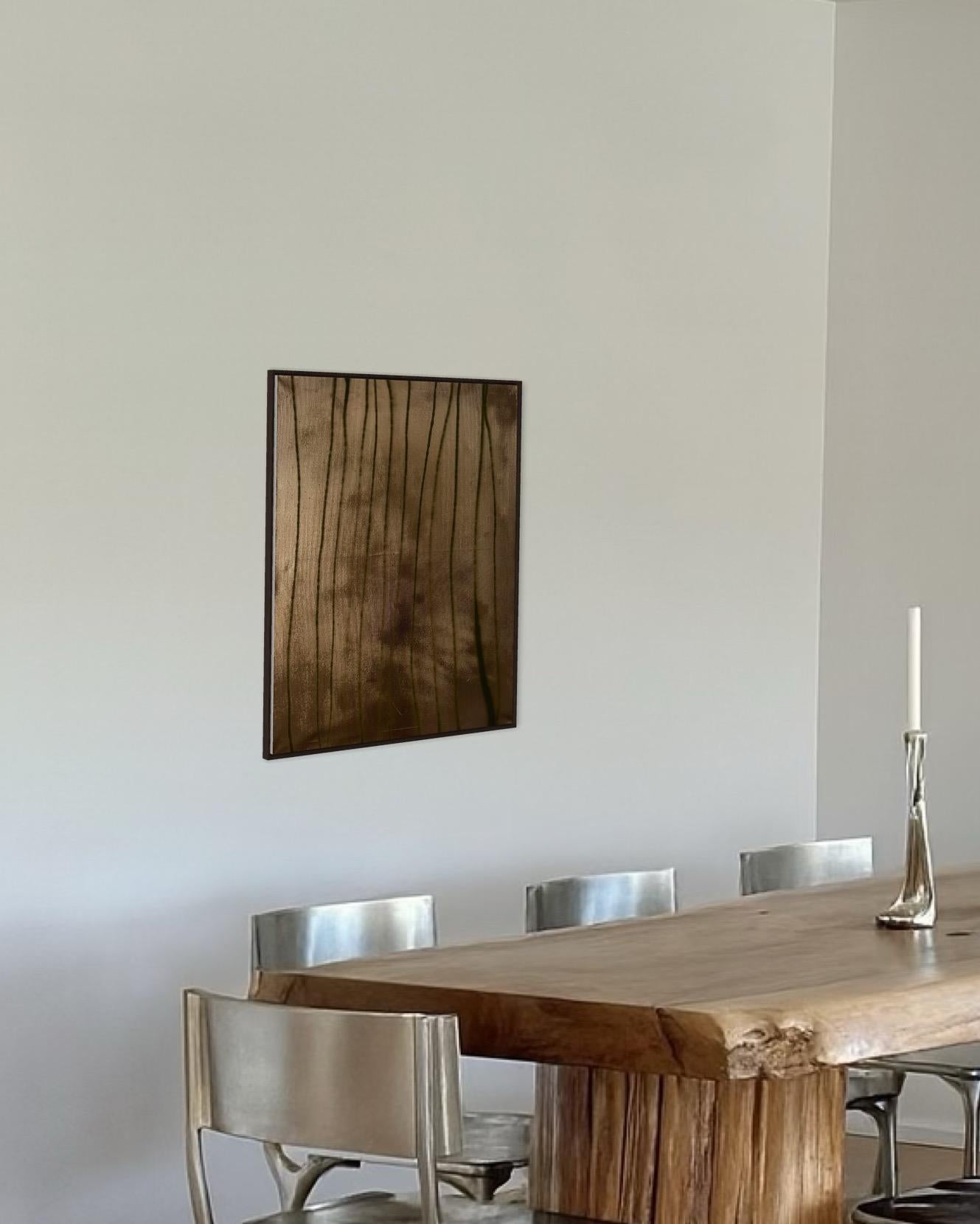 “Golden Hour Grass” captures the fleeting poetry of nature when the setting sun casts its final light. Vertical strokes rise like blades of grass swaying in the evening breeze, their silhouettes suspended against a luminous golden ground. The