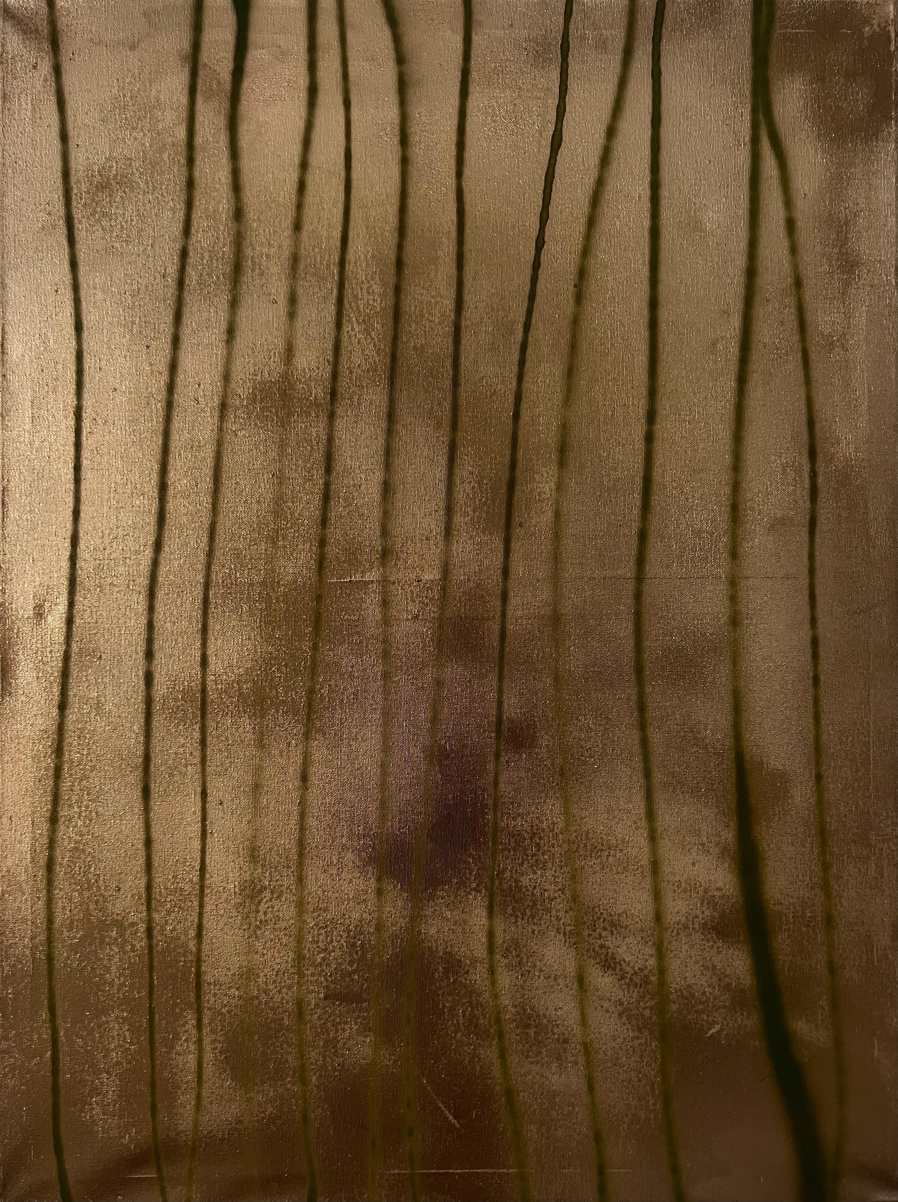Golden Hour Grass, Minimal Gold Beige Abstract Modern Expressionist Painting - Mixed Media Art by EMMI IIDA