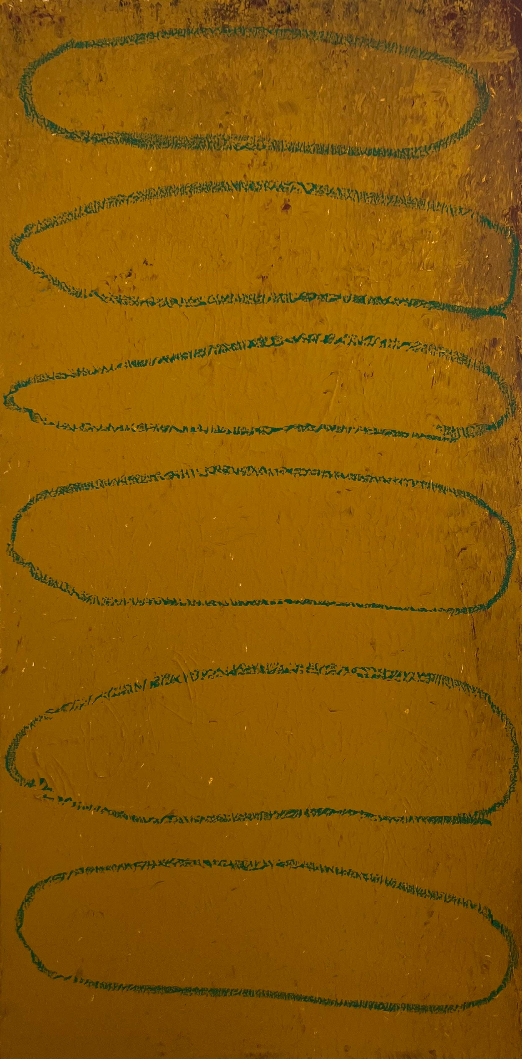 Pintura abstracta de textura mostaza y rojo intenso "Capas de existencia