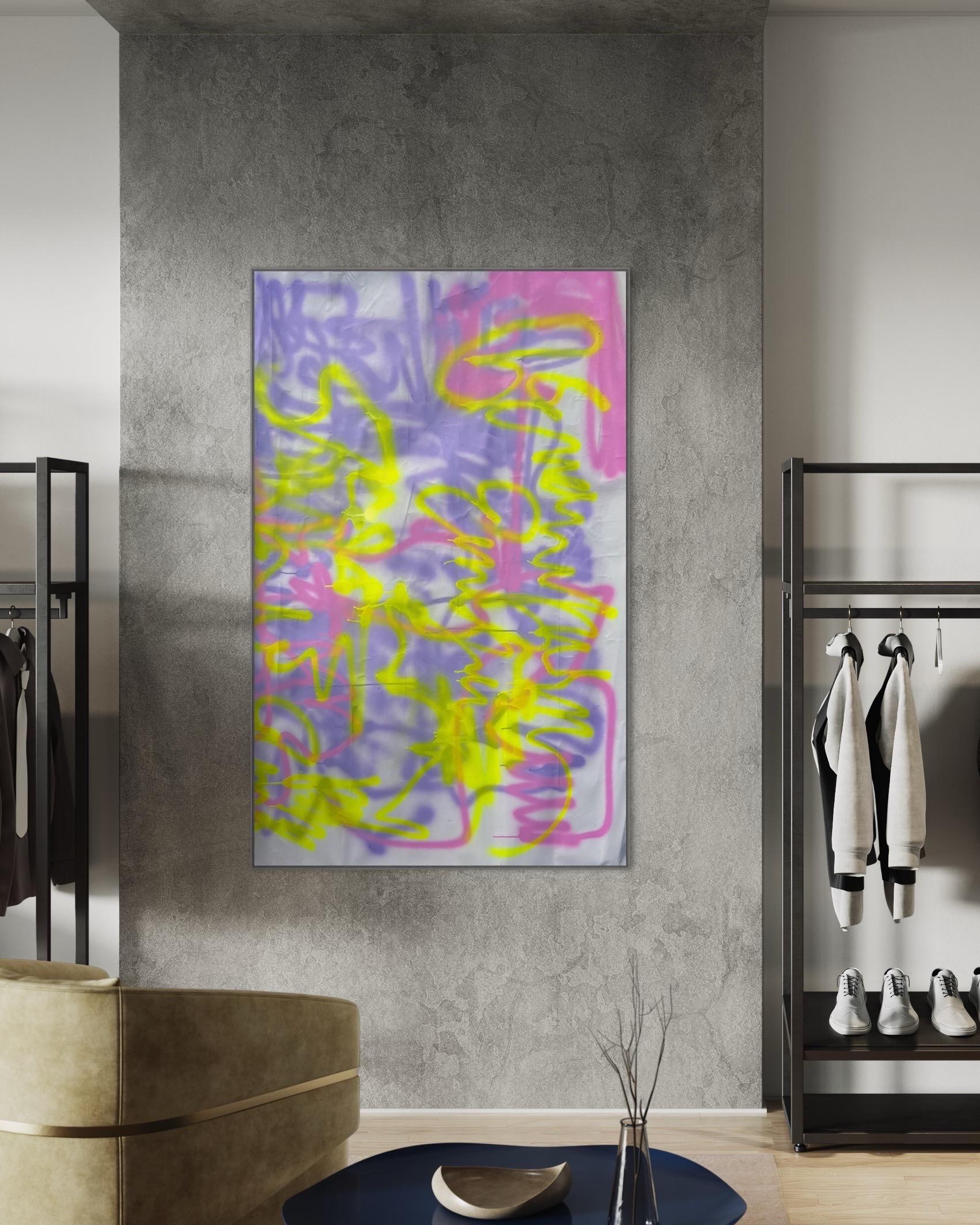 MAGNETICO Astratto colorato rosa viola giallo neon felice Opera d'arte nordica - Painting di EMMI IIDA